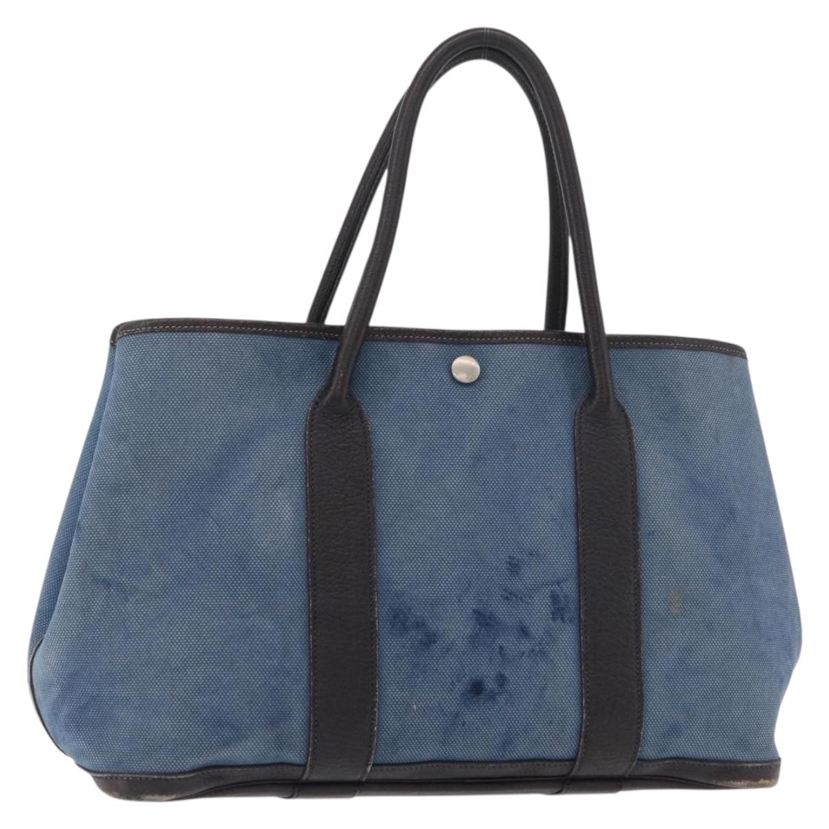 HERMES Garden Party PM Hand Bag Canvas Blue Silver Auth BA12580