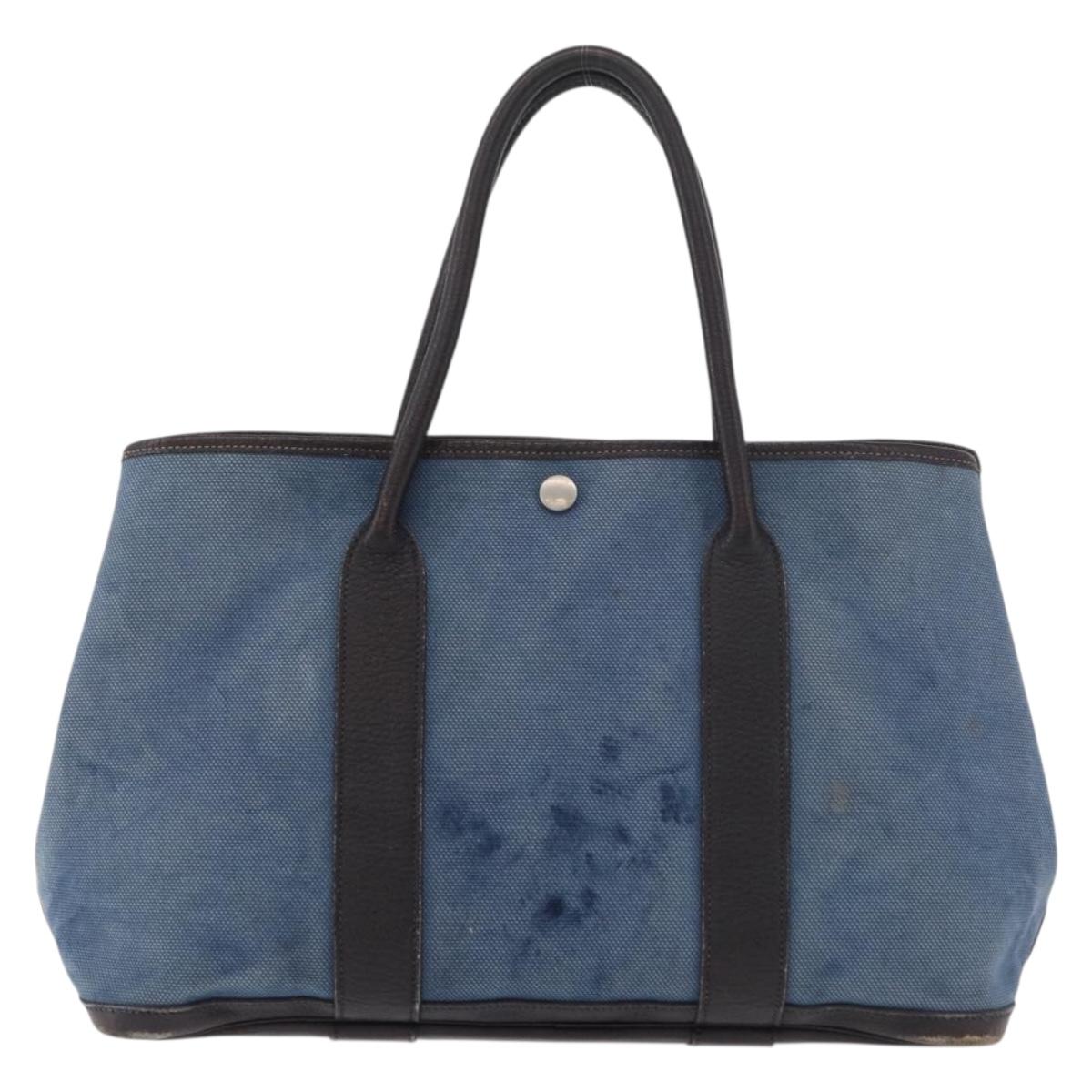 HERMES Garden Party PM Hand Bag Canvas Blue Silver Auth BA12580