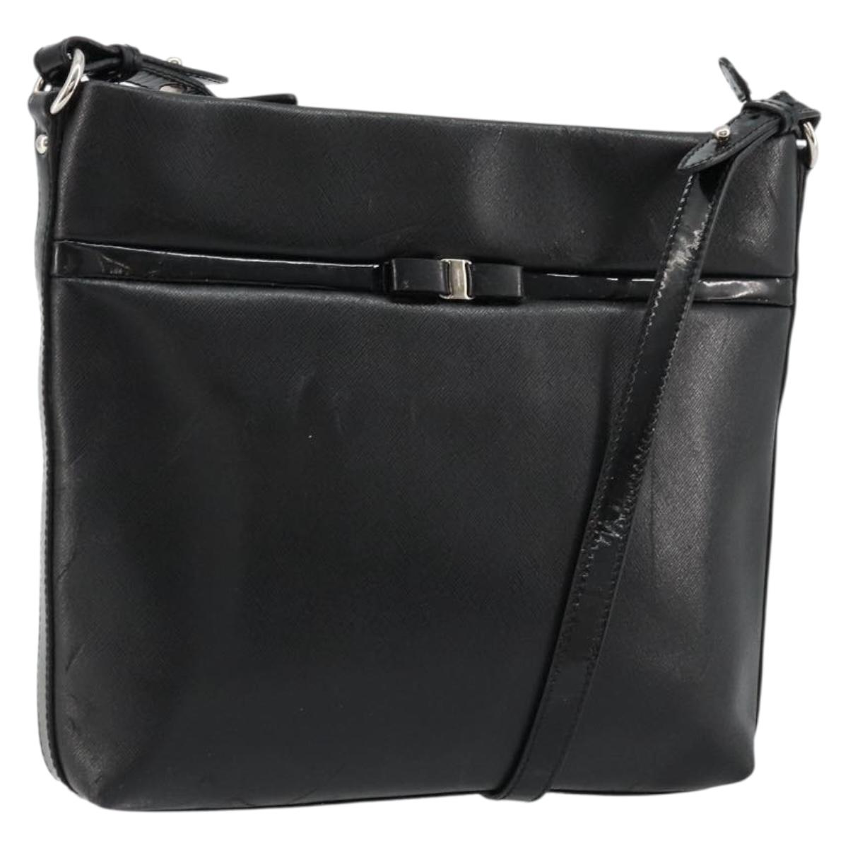 Salvatore Ferragamo Vara Ribbon Shoulder Bag Leather Silver Black Auth BA12583