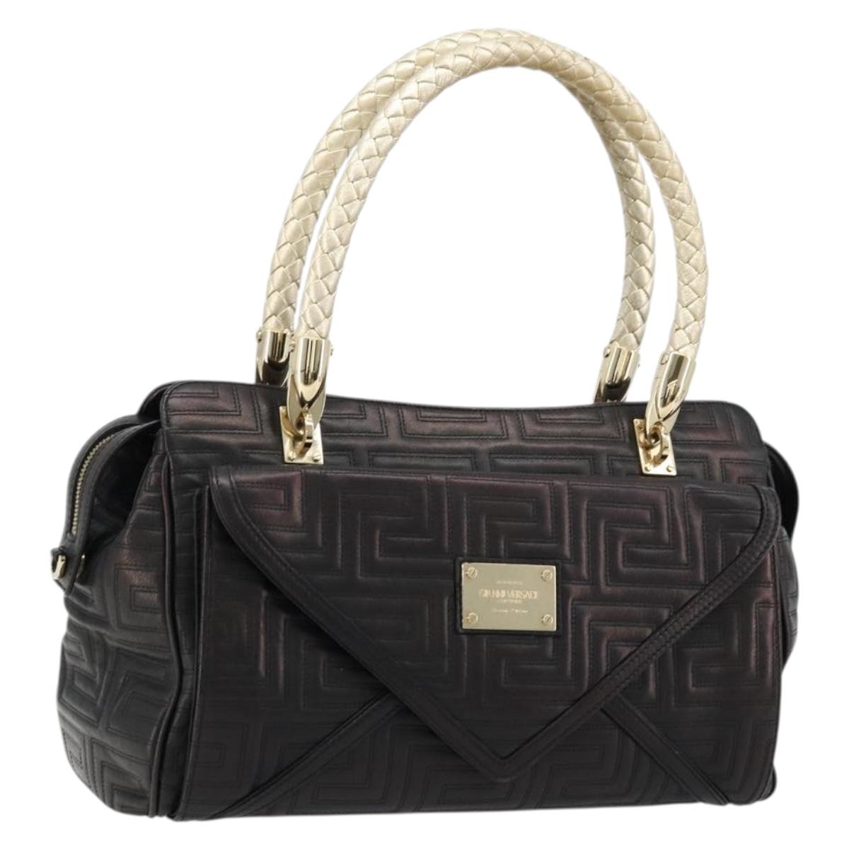 Gianni Versace Hand Bag Leather Black Gold Auth BA12587A