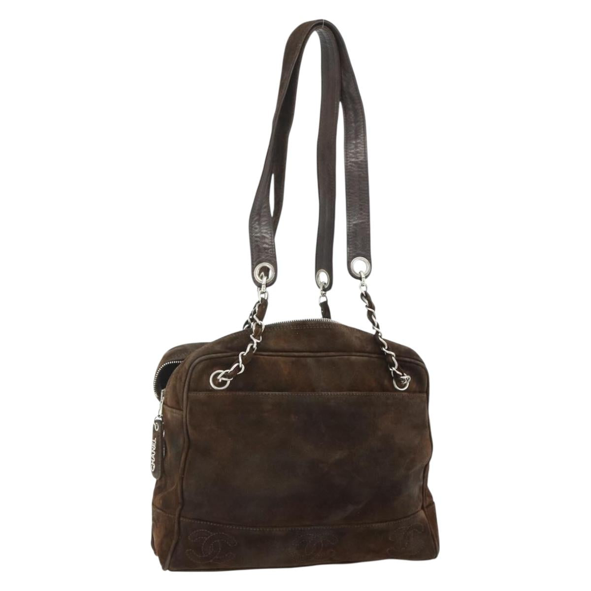CHANEL Chain Shoulder Bag Suede Brown Silver CC Auth BA12605