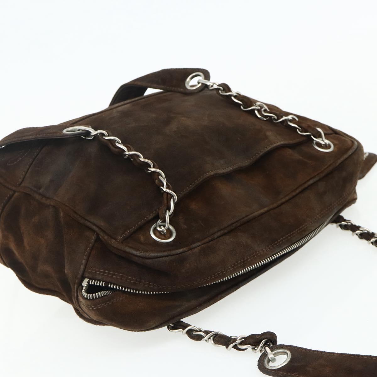 CHANEL Chain Shoulder Bag Suede Brown Silver CC Auth BA12605