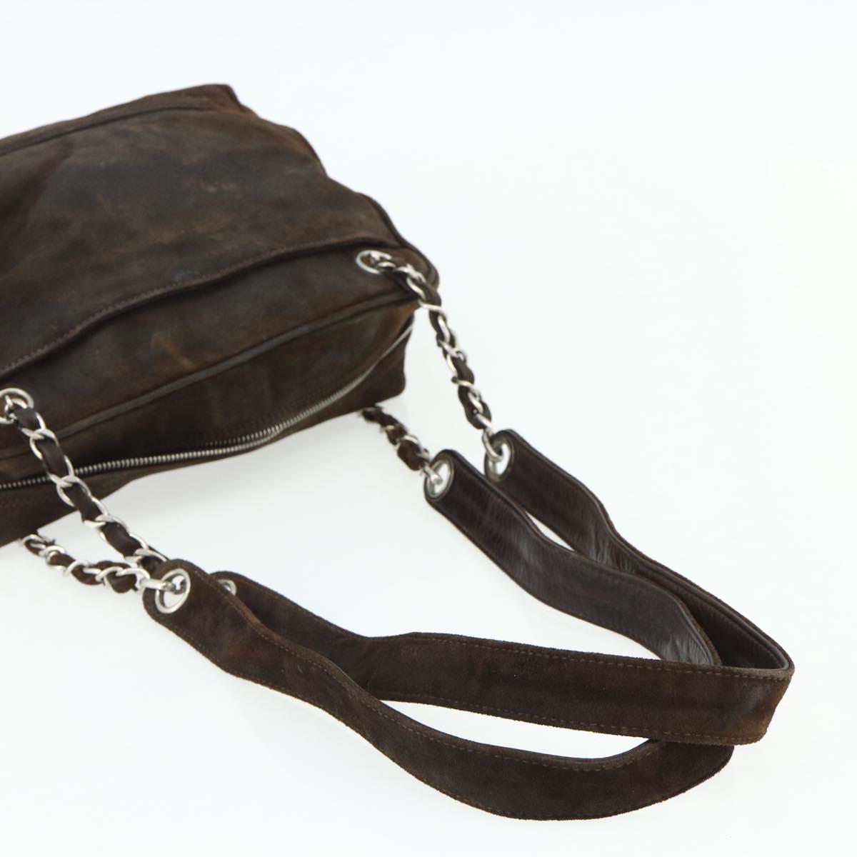CHANEL Chain Shoulder Bag Suede Brown Silver CC Auth BA12605