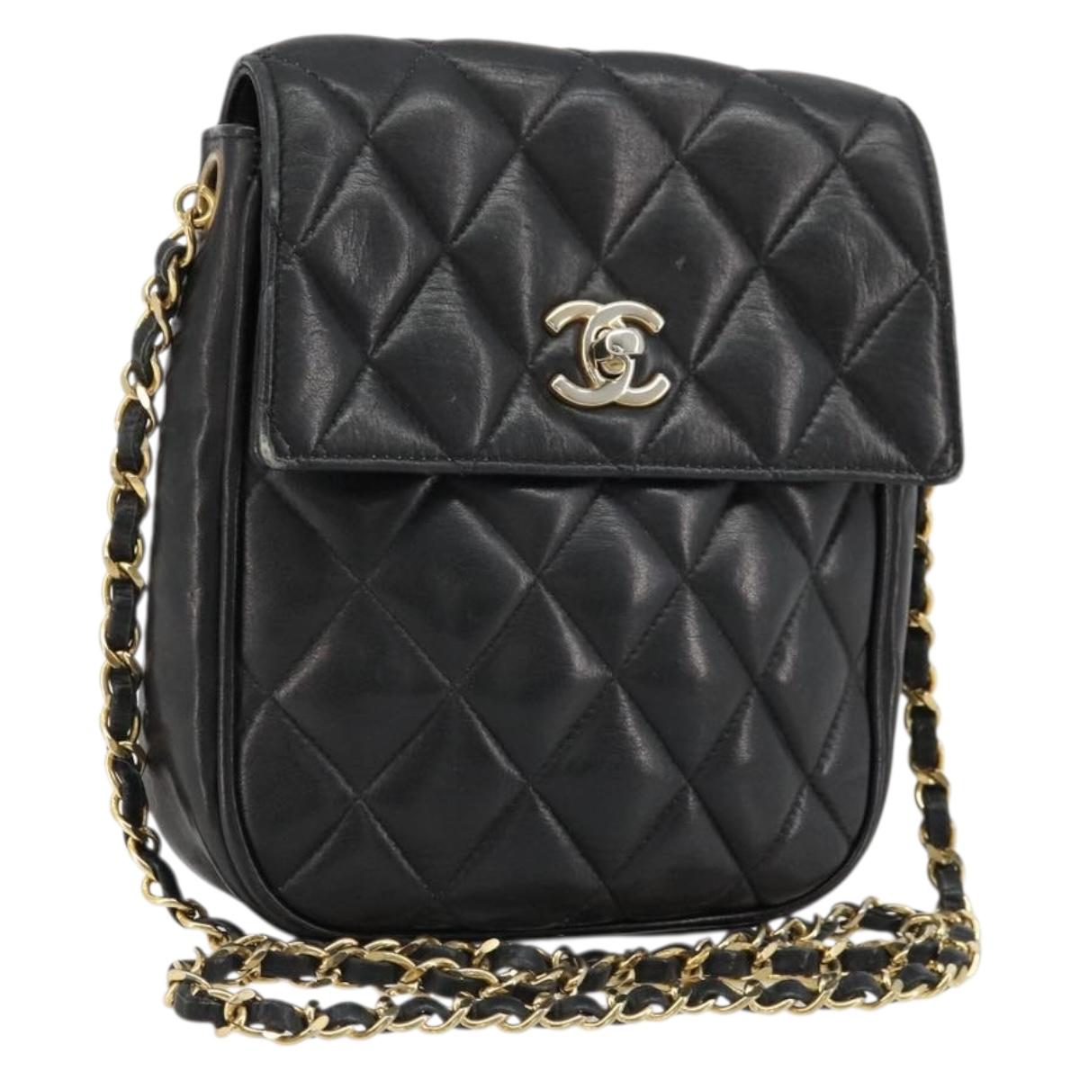CHANEL Matelasse Chain Shoulder Bag Lamb Skin Black Gold CC Auth BA12607
