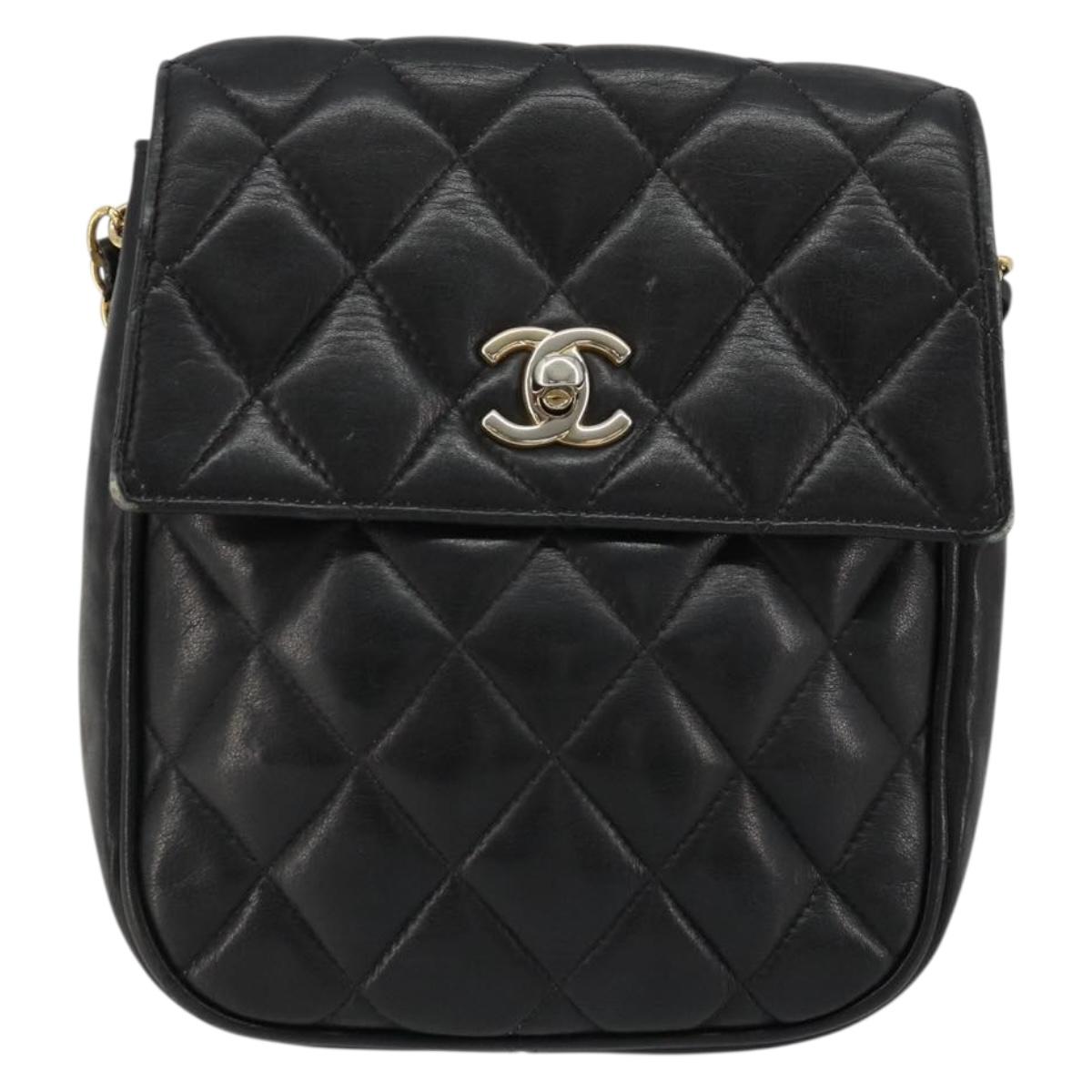 CHANEL Matelasse Chain Shoulder Bag Lamb Skin Black Gold CC Auth BA12607