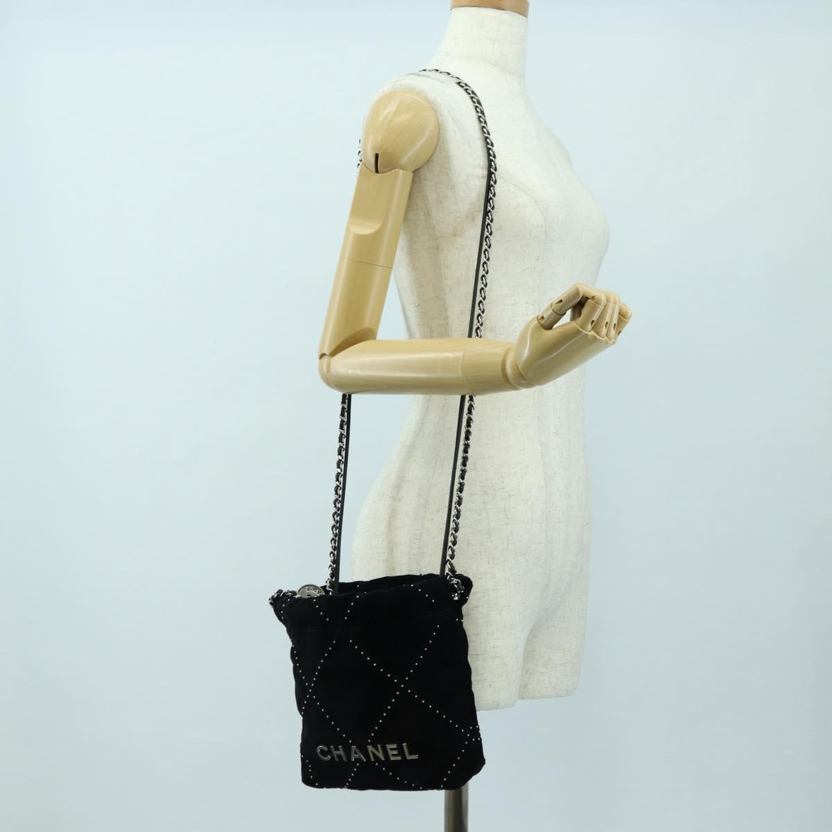CHANEL 22 Drawstring Chain Shoulder Bag Suede Black Silver CC Auth BA12610SM