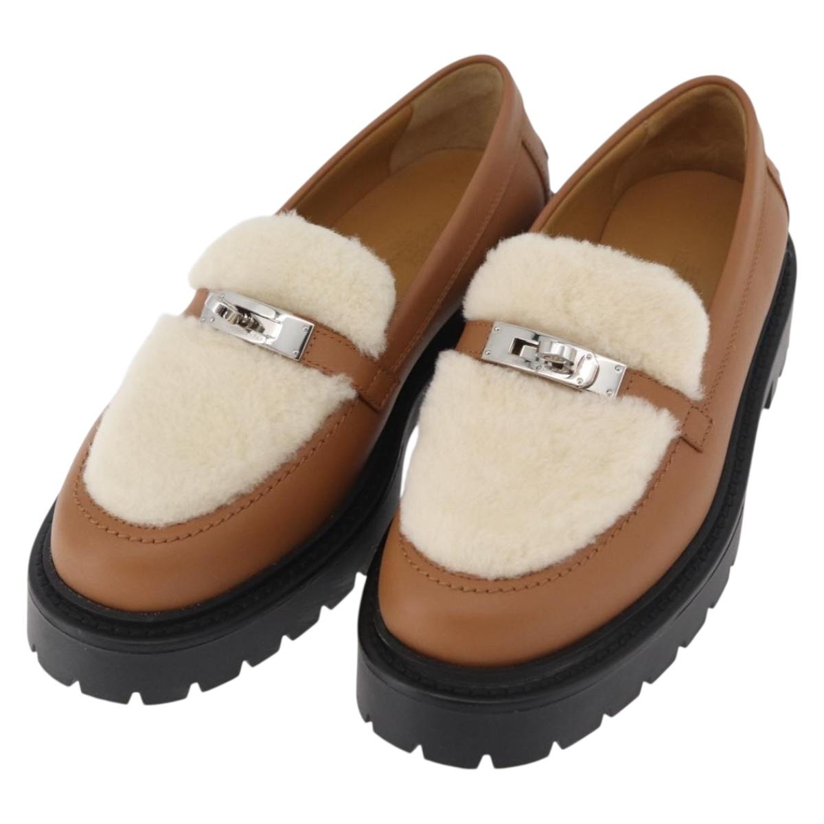HERMES Kelly Belt Moccasin Loafers Shoes Leather Brown Silver Auth BA12632V