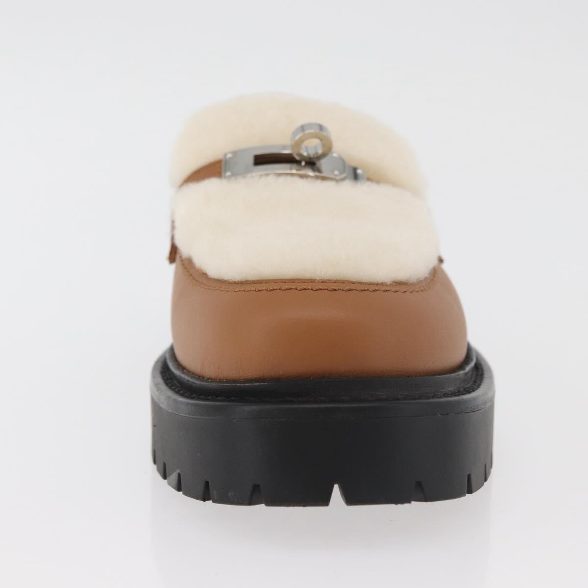 HERMES Kelly Belt Moccasin Loafers Shoes Leather Brown Silver Auth BA12632V