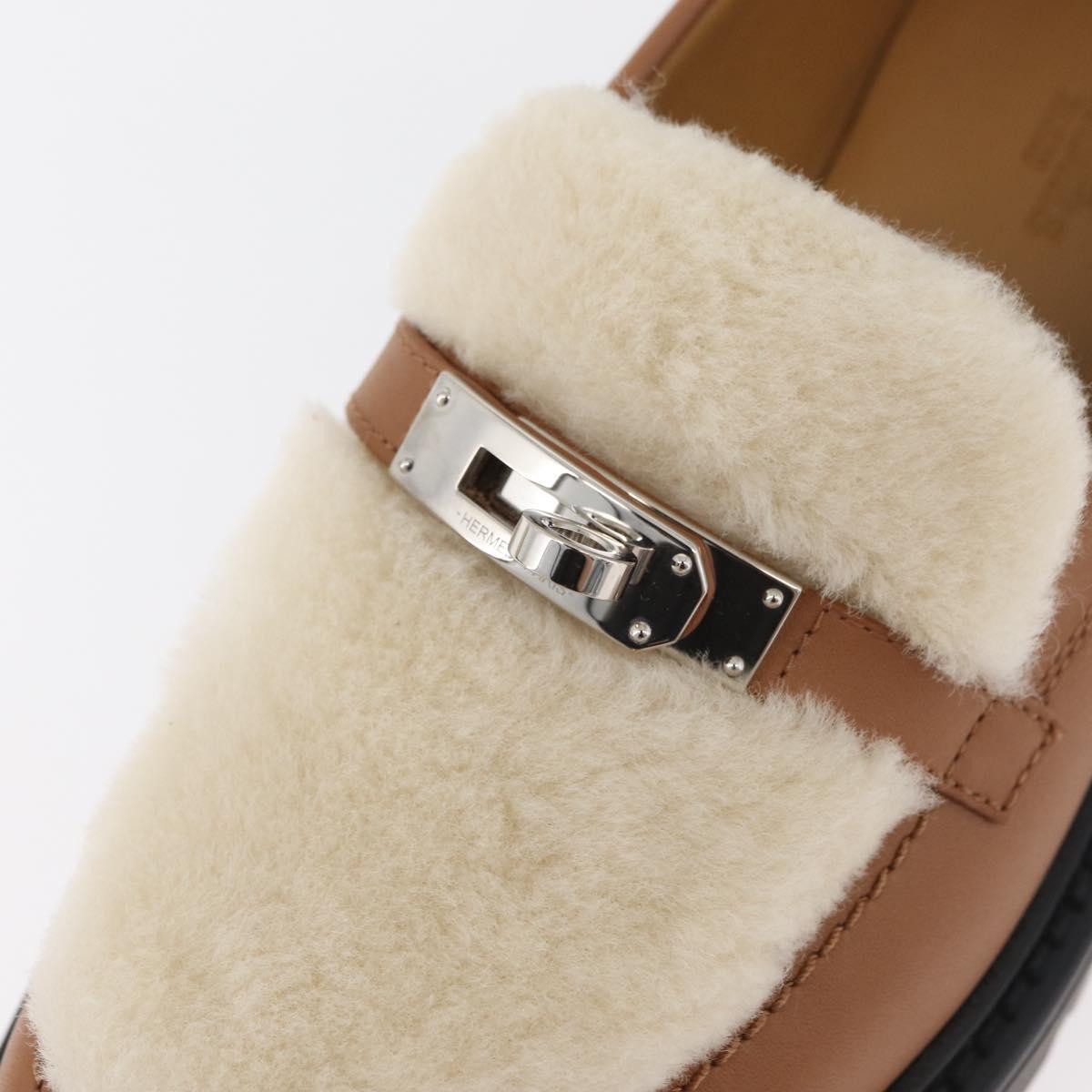HERMES Kelly Belt Moccasin Loafers Shoes Leather Brown Silver Auth BA12632V