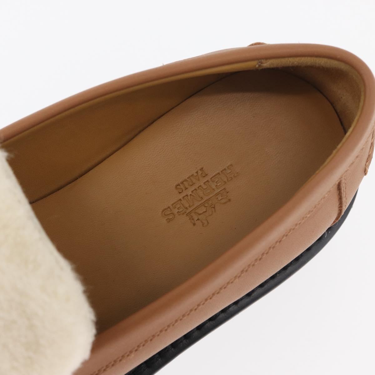 HERMES Kelly Belt Moccasin Loafers Shoes Leather Brown Silver Auth BA12632V