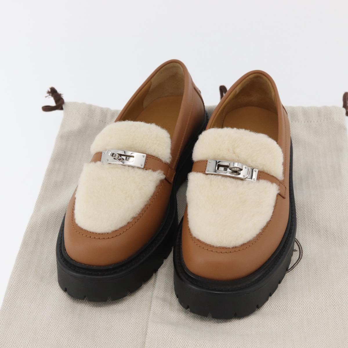 HERMES Kelly Belt Moccasin Loafers Shoes Leather Brown Silver Auth BA12632V
