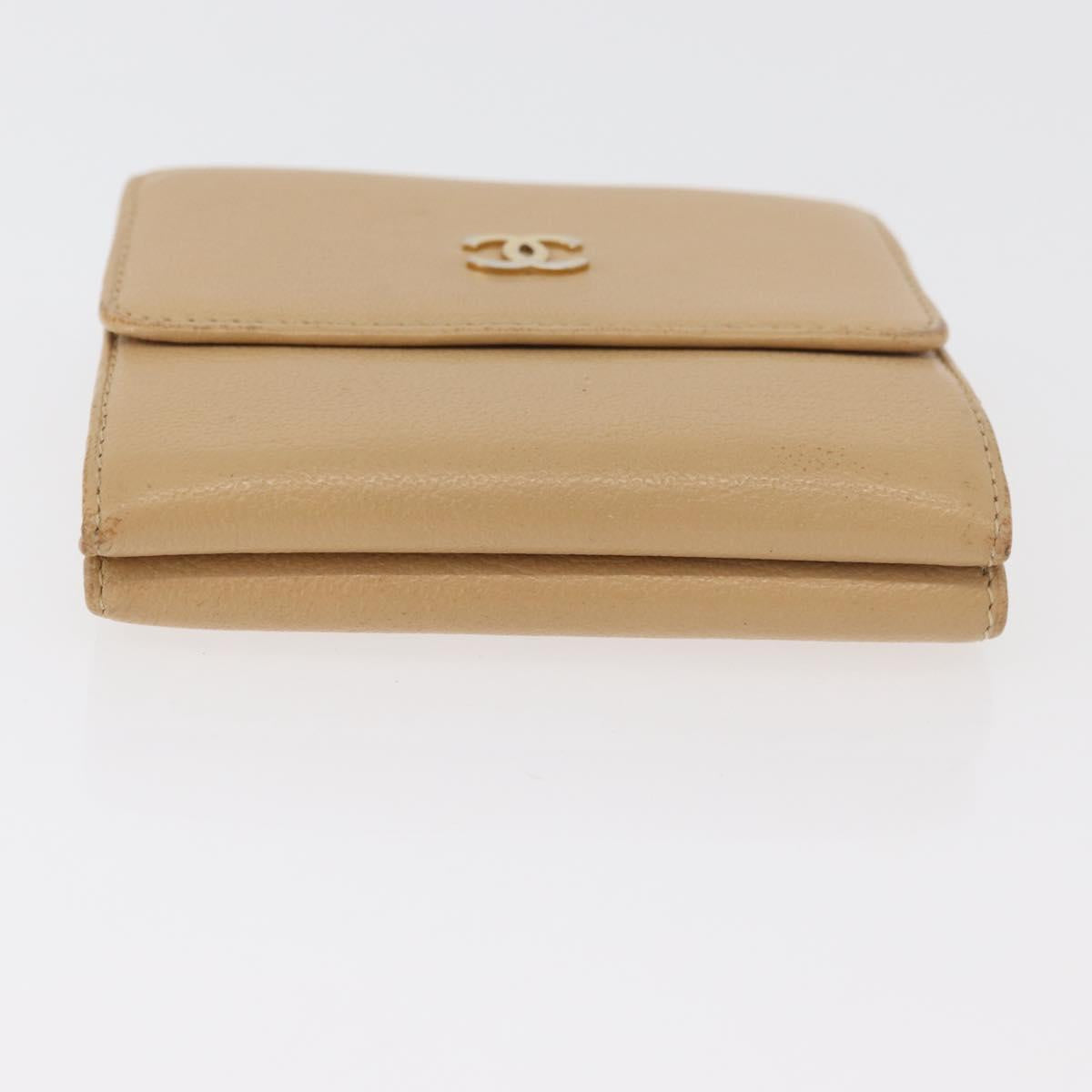 CHANEL Trifold Wallet Leather Beige Gold CC Auth BA12653