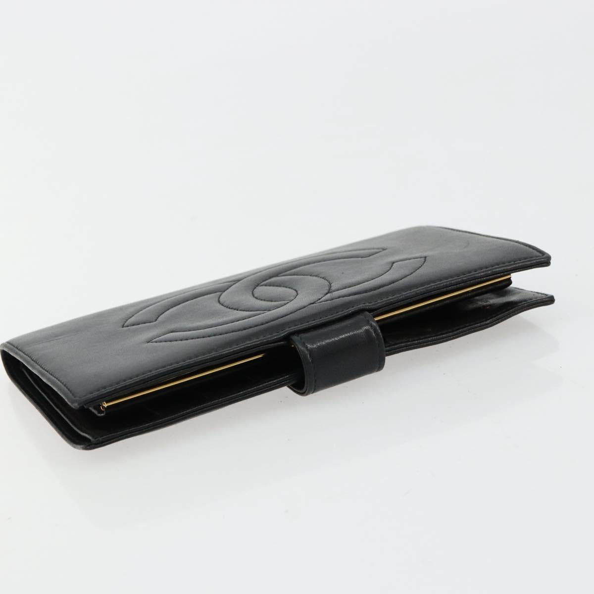 CHANEL Long Wallet Lamb Skin Black CC Auth BA12654A