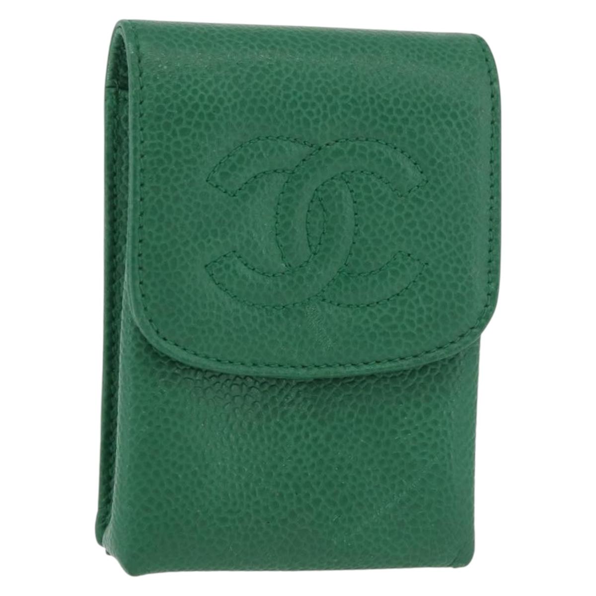 CHANEL Pouch Caviar Skin Green Gold CC Auth BA12655A