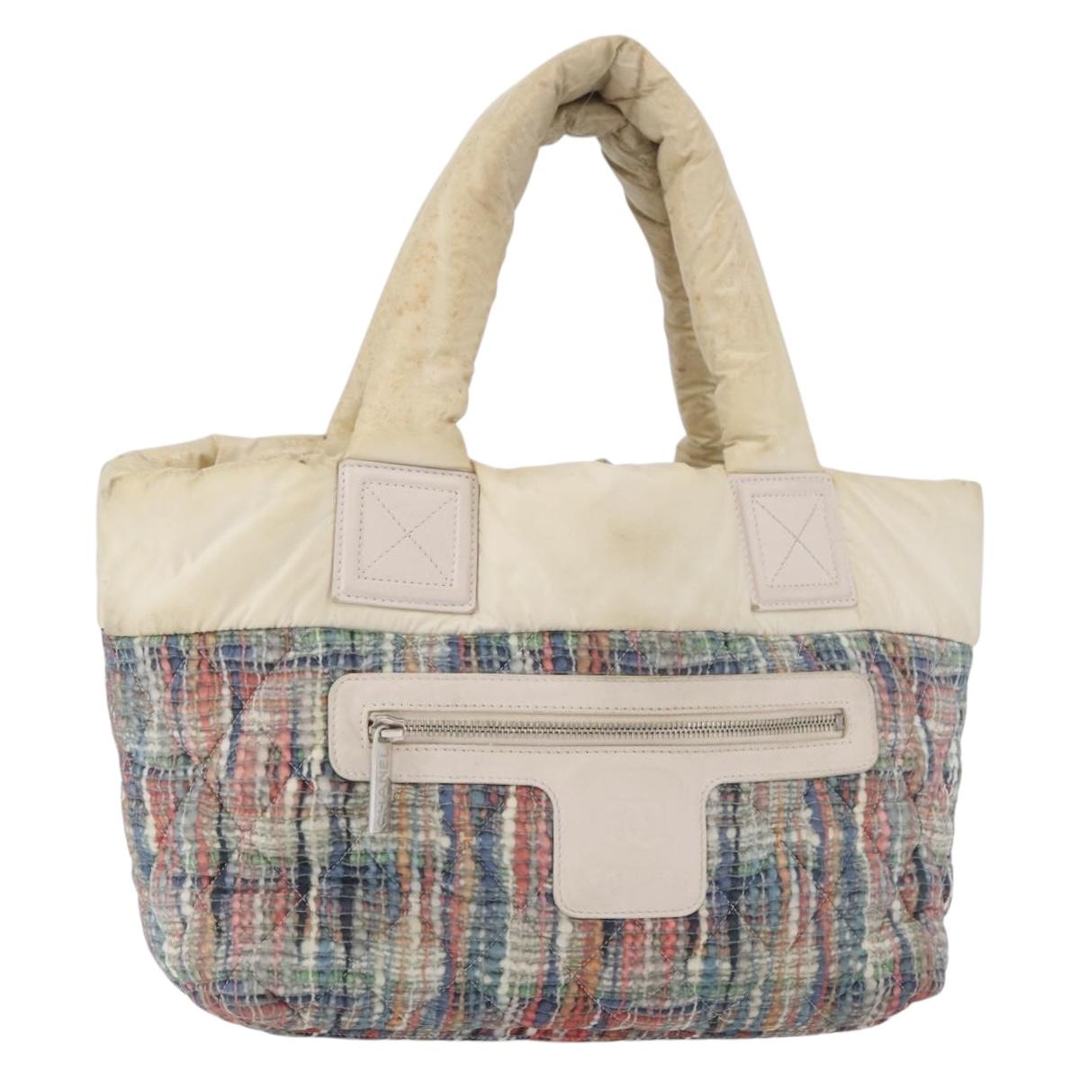 CHANEL Cococoon Hand Bag Nylon Beige Silver CC Auth BA12656