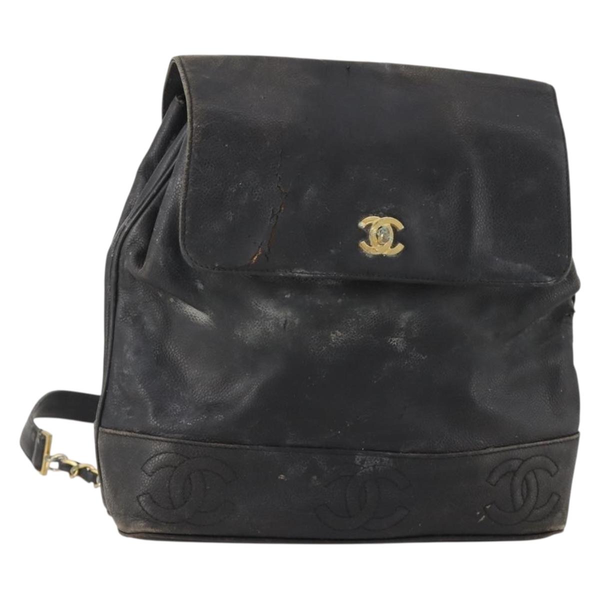 CHANEL Backpack Caviar Skin Black Silver CC Auth BA12657