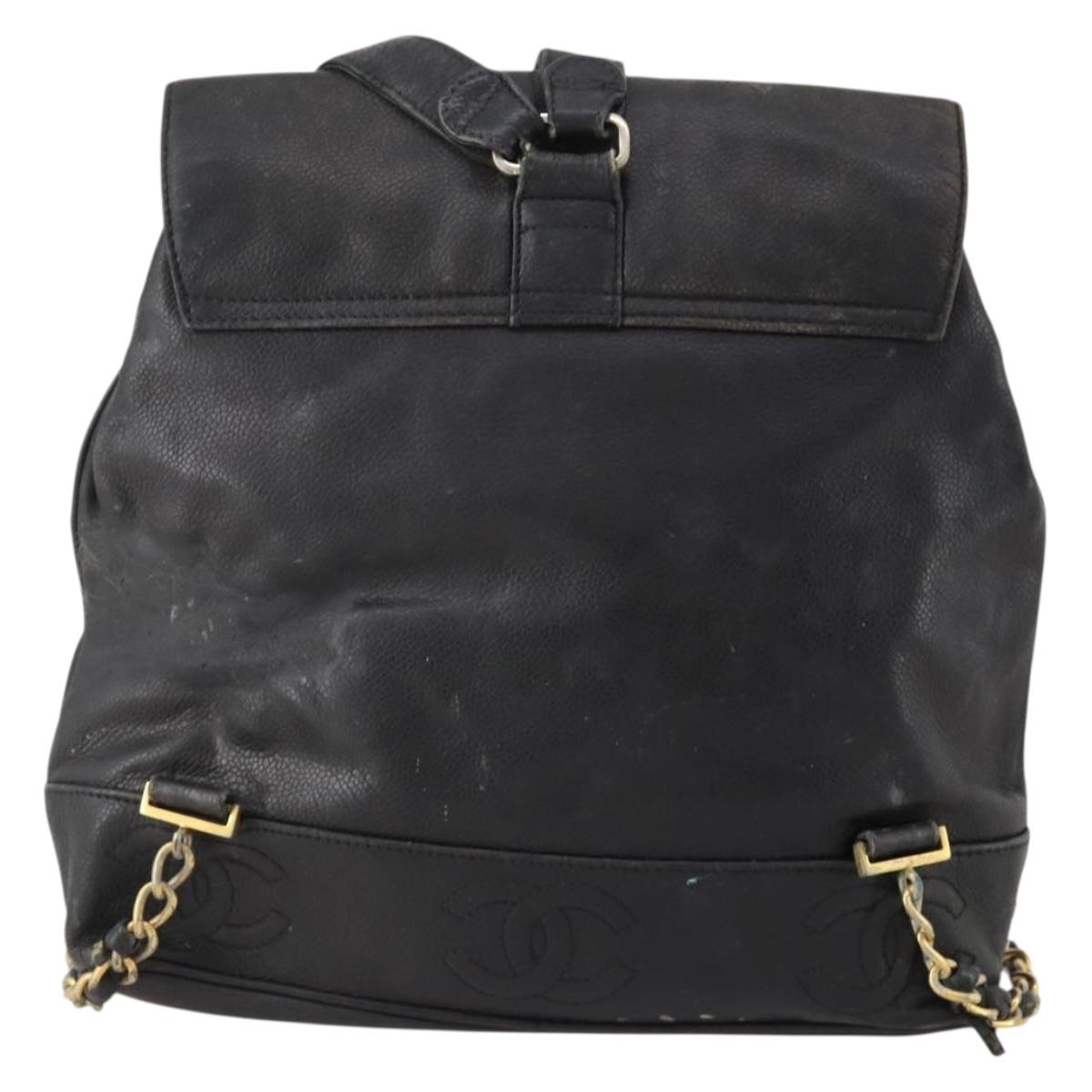 CHANEL Backpack Caviar Skin Black Silver CC Auth BA12657