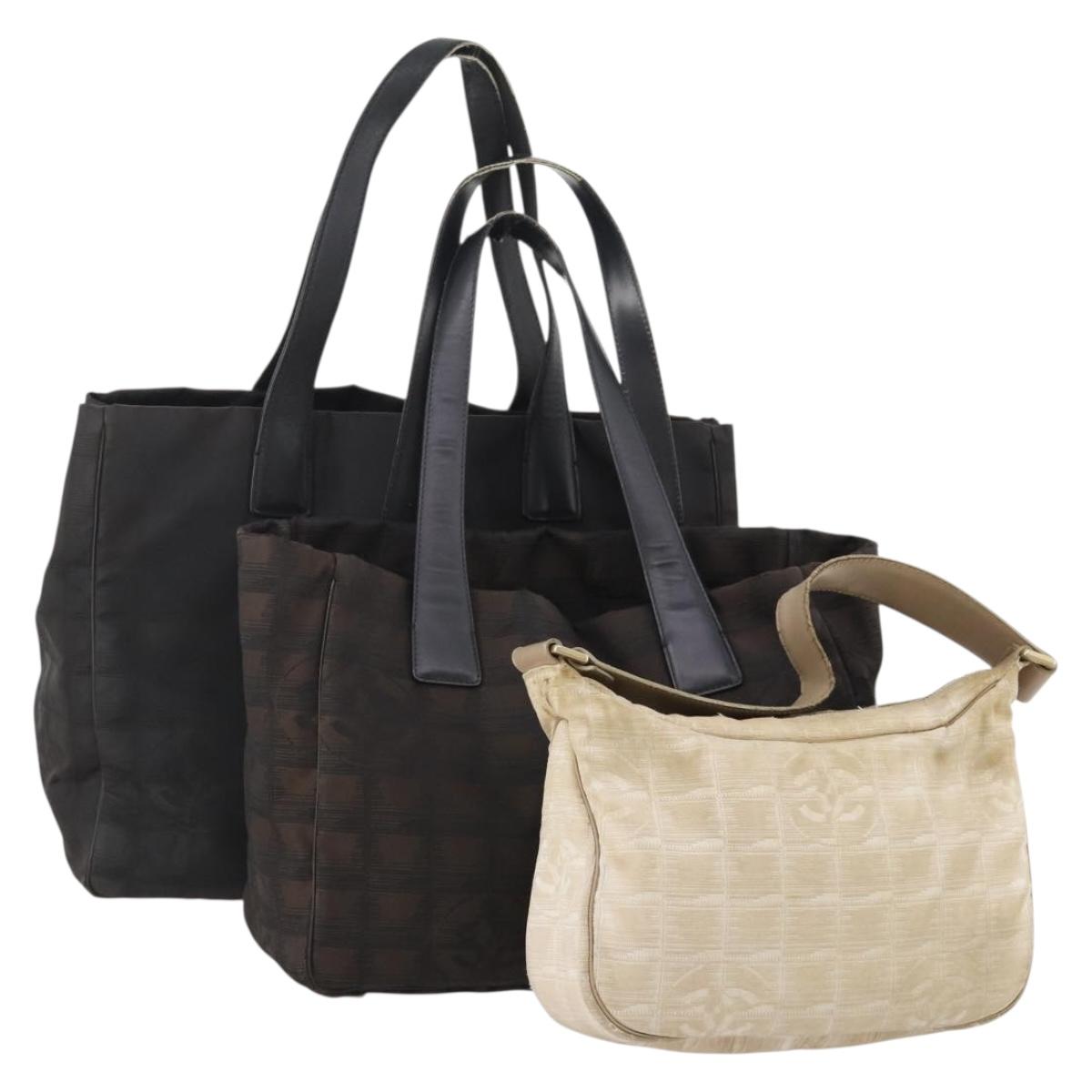 CHANEL New Travel line Tote Bag Nylon 3 Set Black Beige CC Auth BA12659