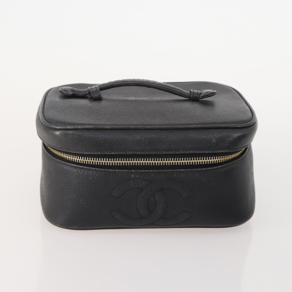 CHANEL Vanity Pouch Leather 2 Set Black CC Auth BA12664