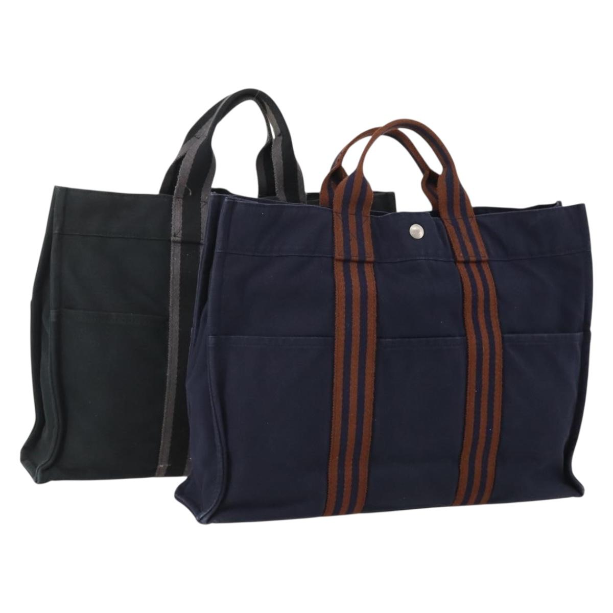 HERMES Fourre Tout Hand Bag Cotton 2 Set Black Navy Auth BA12675
