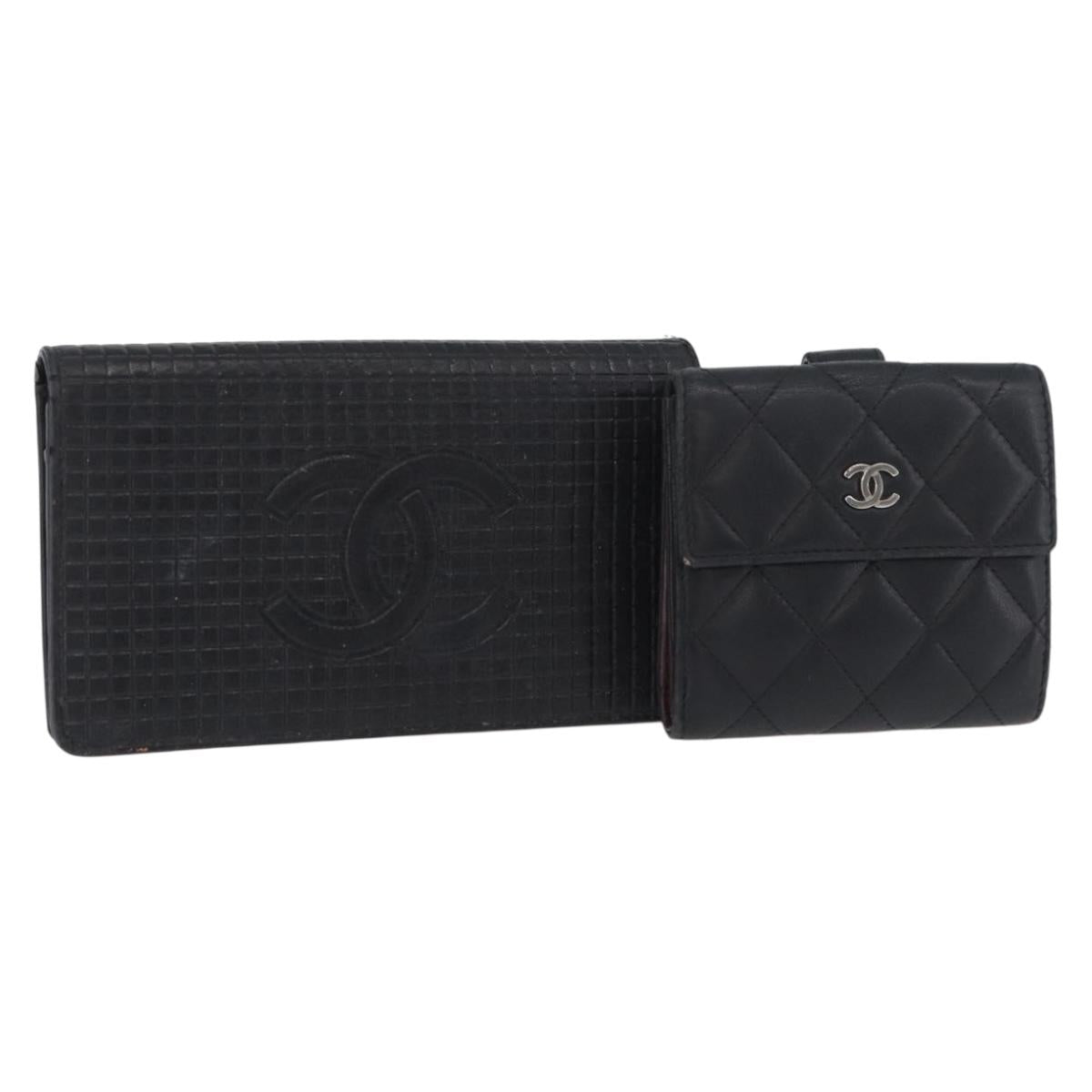CHANEL Wallet Leather 2 Set Black CC Auth BA12679