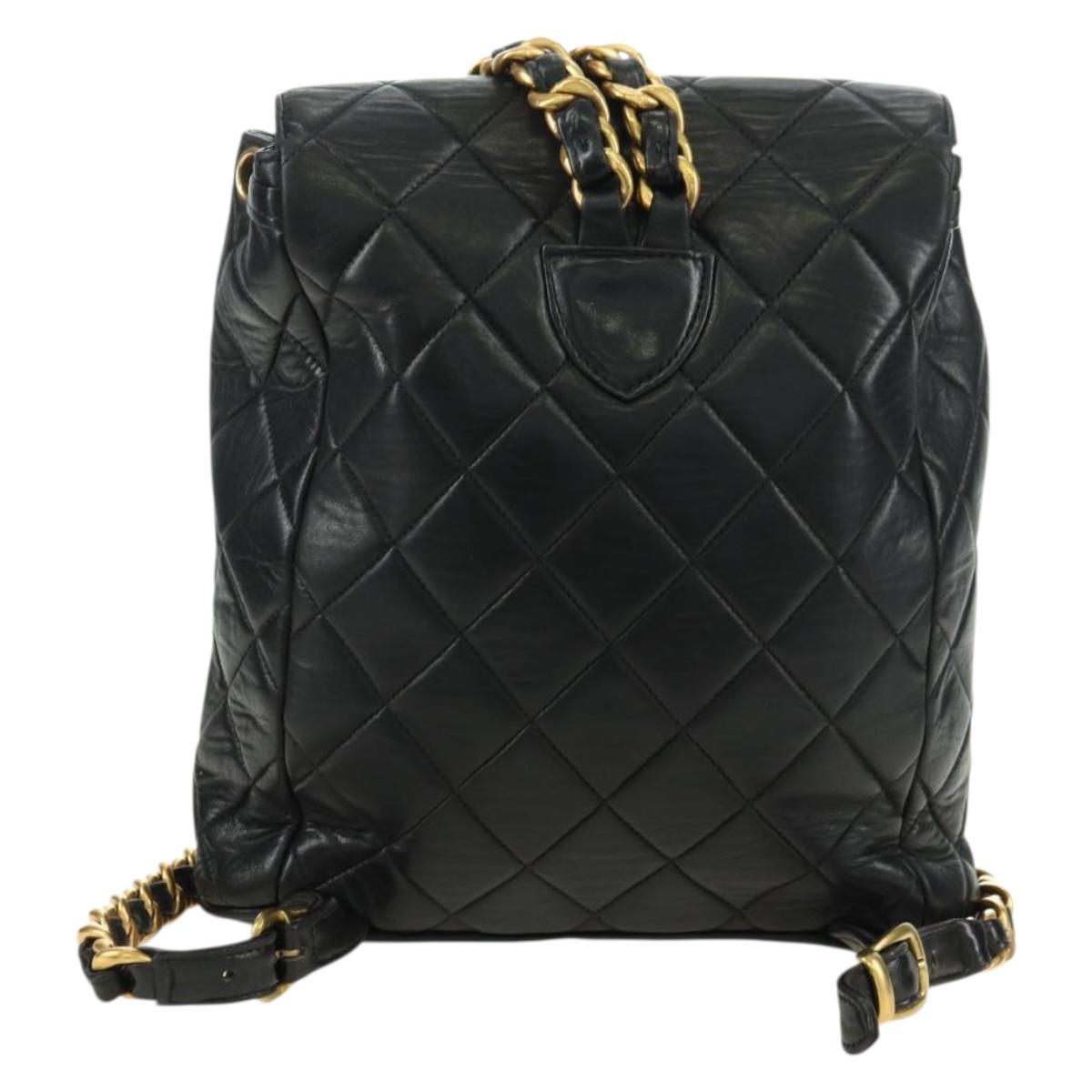 CHANEL Matelasse Chain Backpack Lamb Skin Gold Black CC Auth BA12682SAV