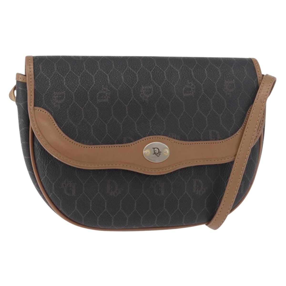 Christian Dior Honeycomb Canvas Shoulder Bag PVC Black Gold Auth BA12686
