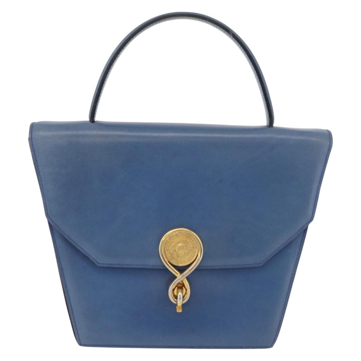 CELINE Medallion Hand Bag Leather Blue Gold Auth BA12709A