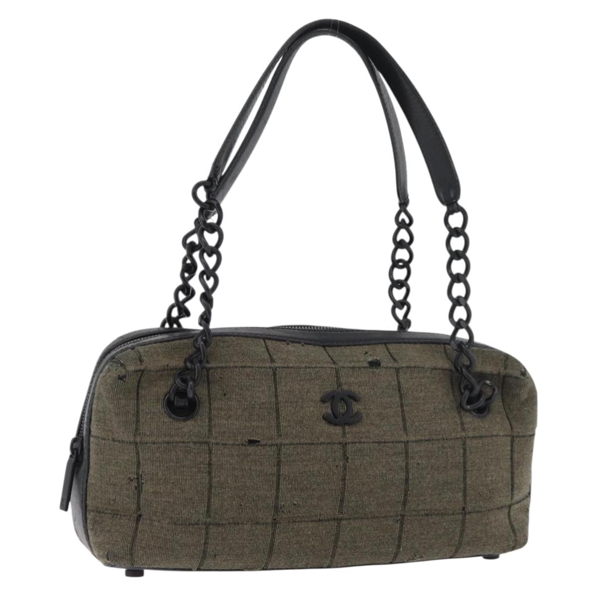 CHANEL Choco Bar Chain Tote Bag Knitted Fabrics Gray CC Auth BA12712