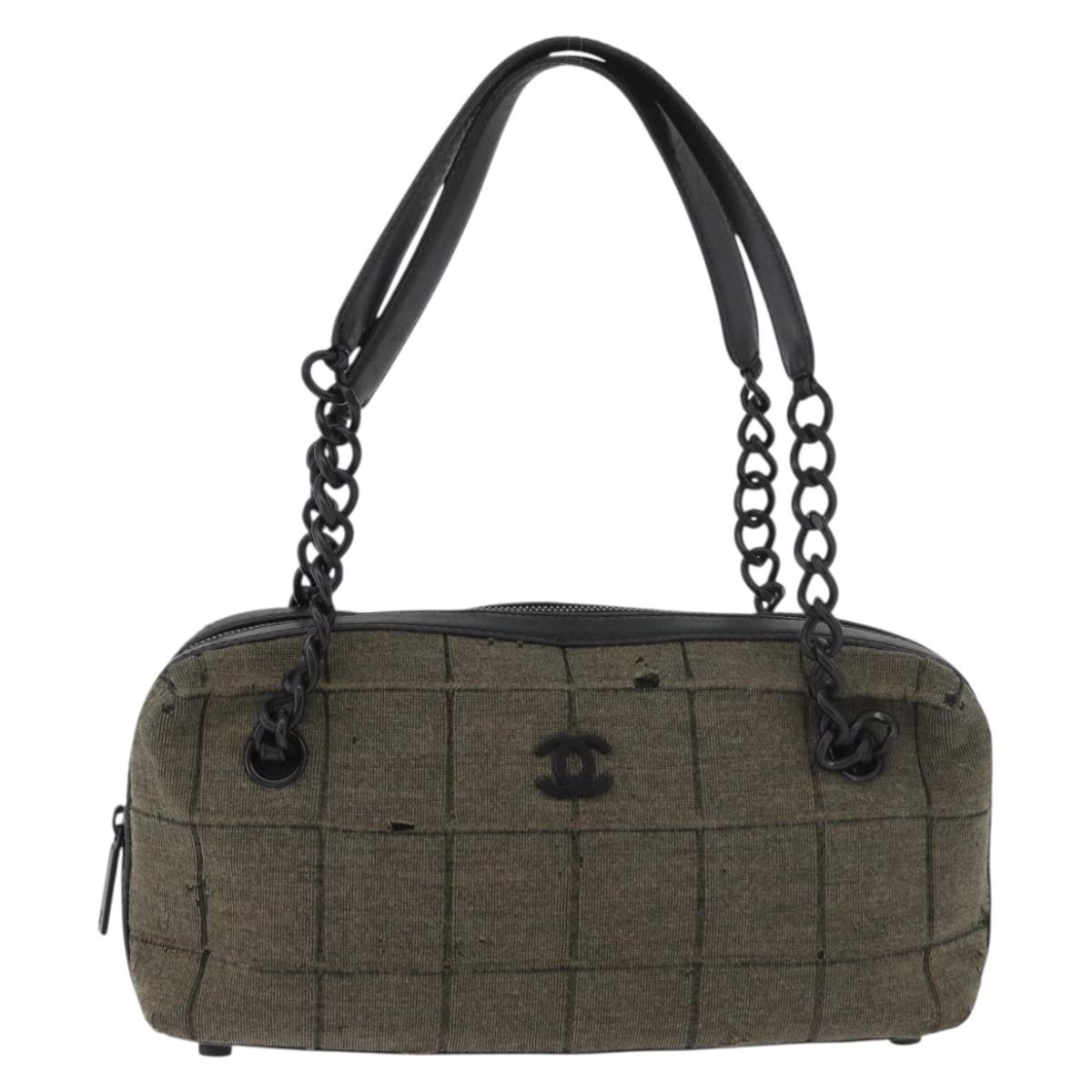CHANEL Choco Bar Chain Tote Bag Knitted Fabrics Gray CC Auth BA12712
