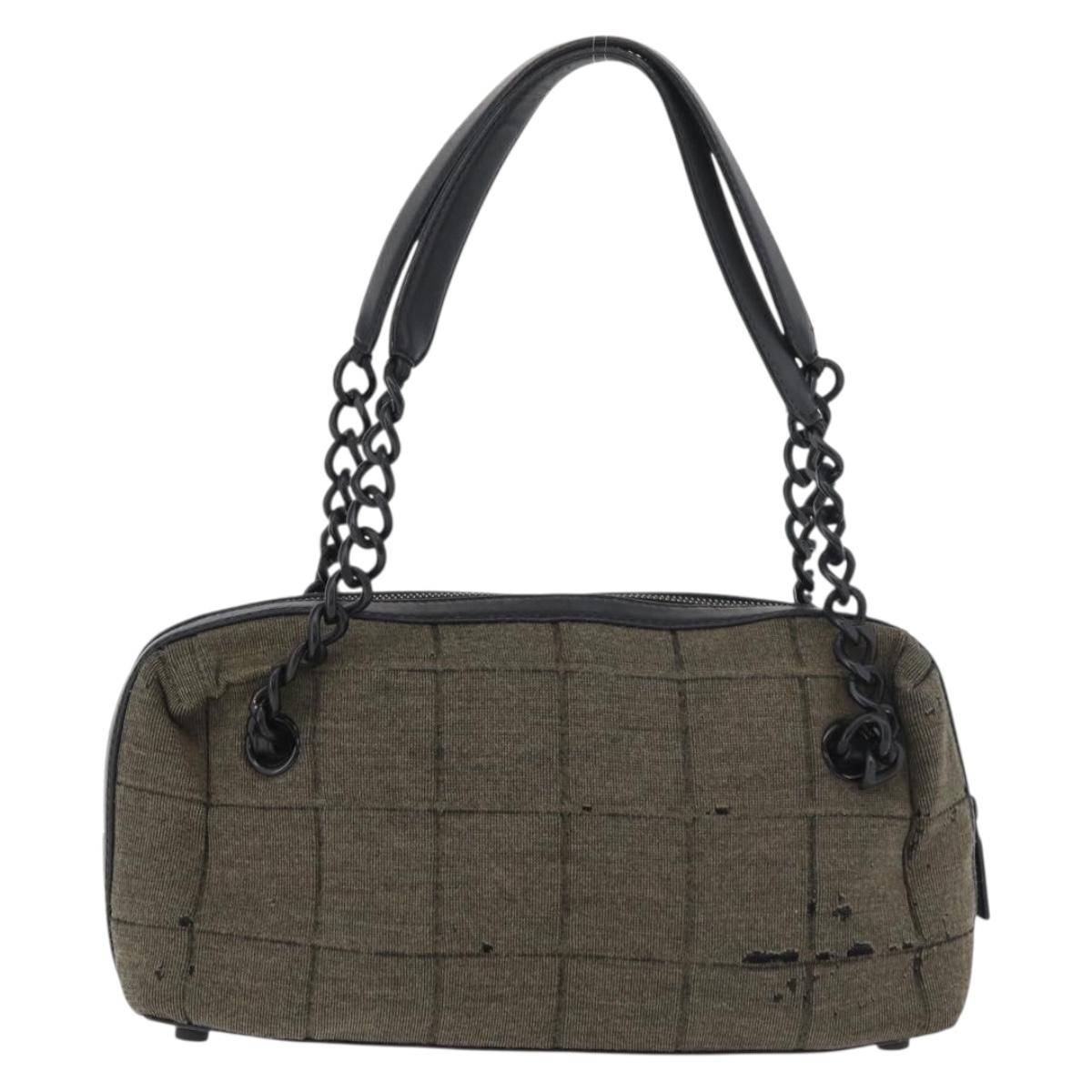 CHANEL Choco Bar Chain Tote Bag Knitted Fabrics Gray CC Auth BA12712