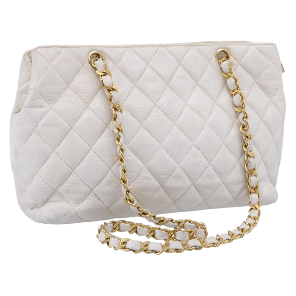 CHANEL Chain Shoulder Bag Lamb Skin White Gold CC Auth BA12714