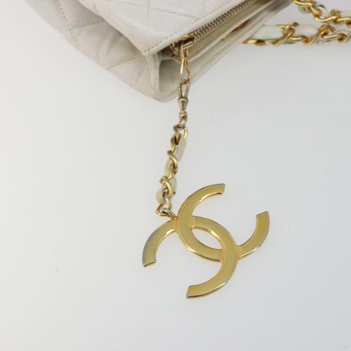 CHANEL Chain Shoulder Bag Lamb Skin White Gold CC Auth BA12714