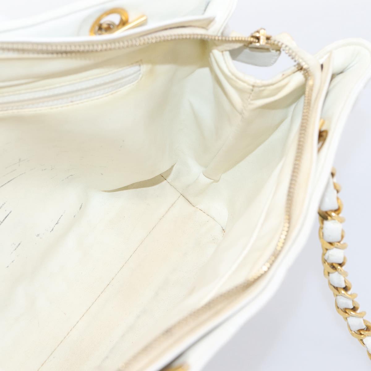 CHANEL Chain Shoulder Bag Lamb Skin White Gold CC Auth BA12714