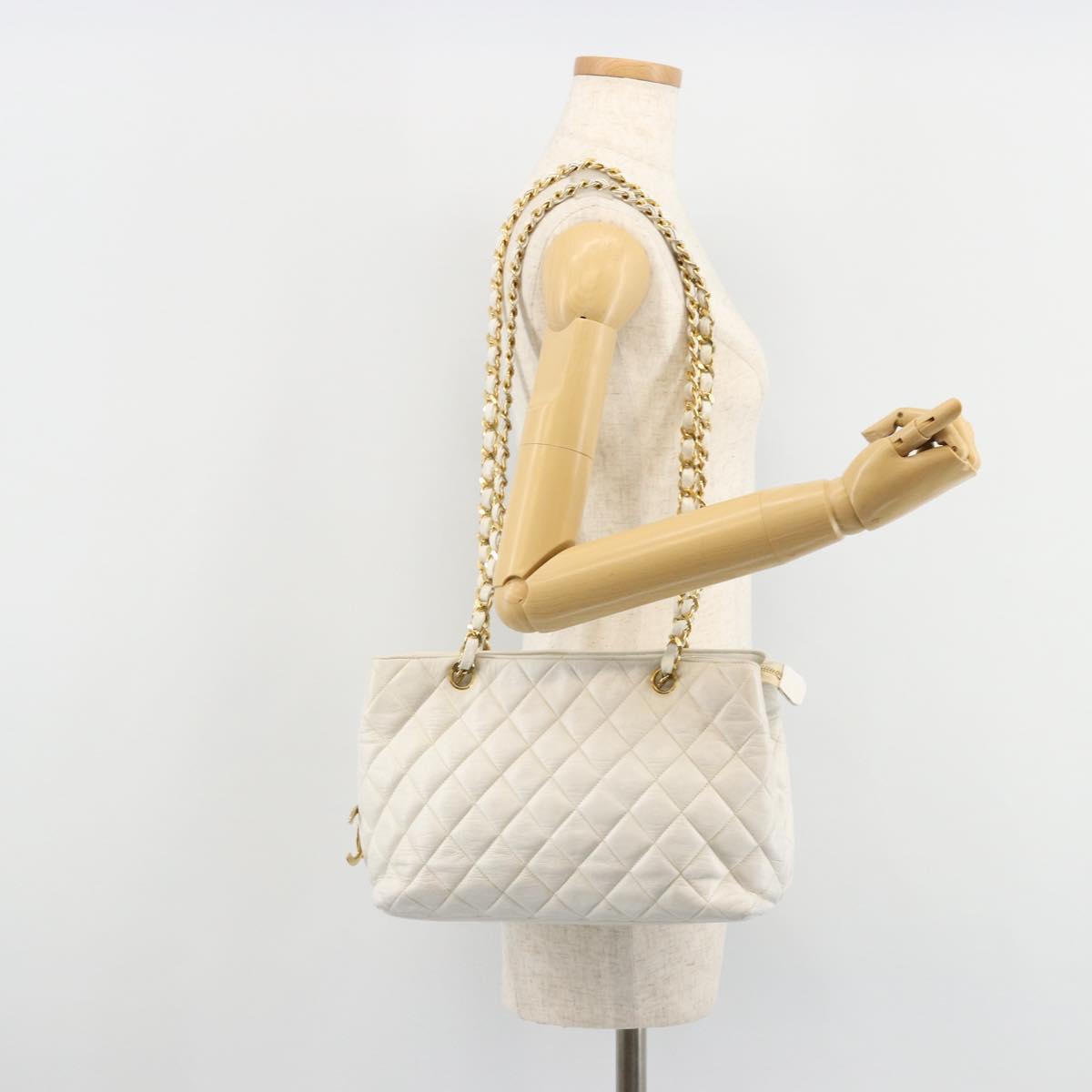 CHANEL Chain Shoulder Bag Lamb Skin White Gold CC Auth BA12714