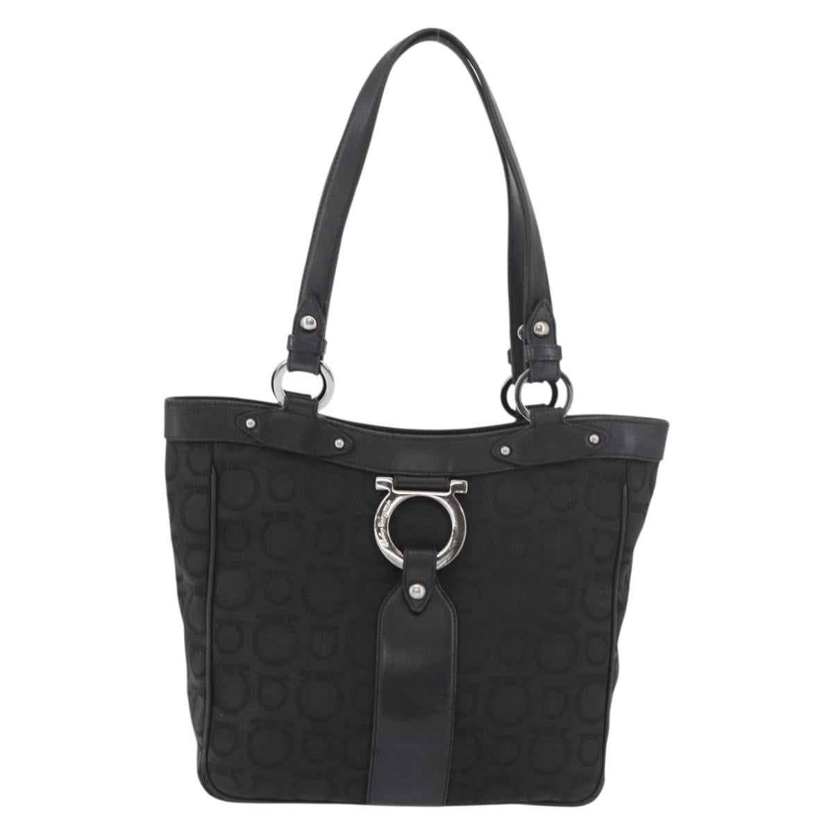 Salvatore Ferragamo Gancini Tote Bag Canvas Black Silver Auth BA12719