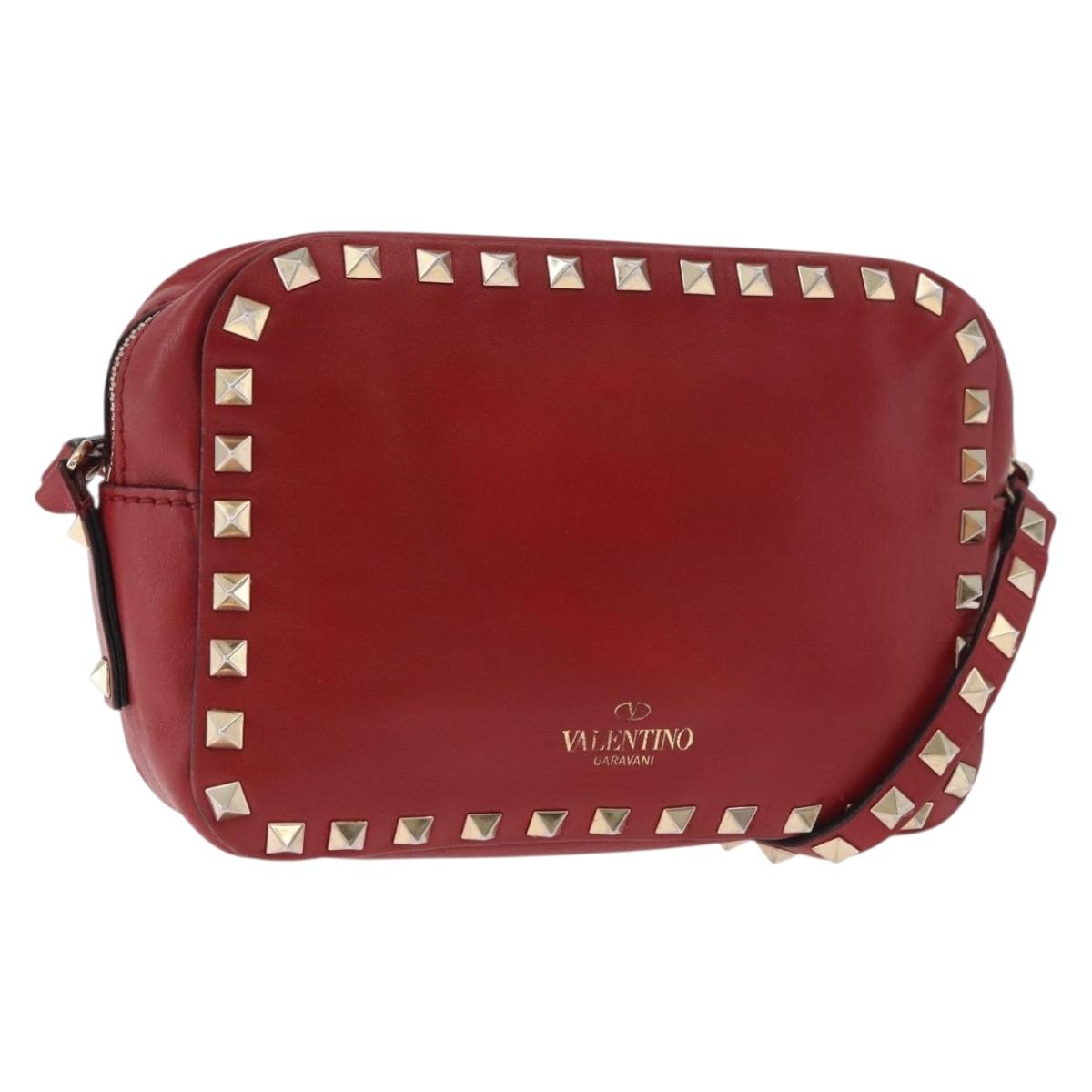 VALENTINO Rock Studs Shoulder Bag Leather Red Gold Auth BA12744
