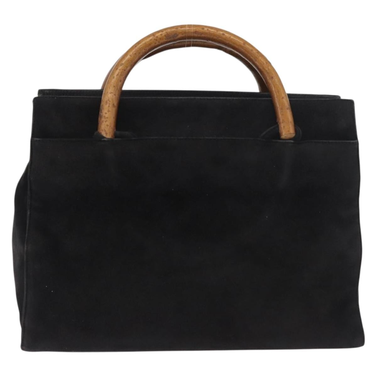 PRADA Wood Handle Hand Bag Suede Black Gold Auth BA12770