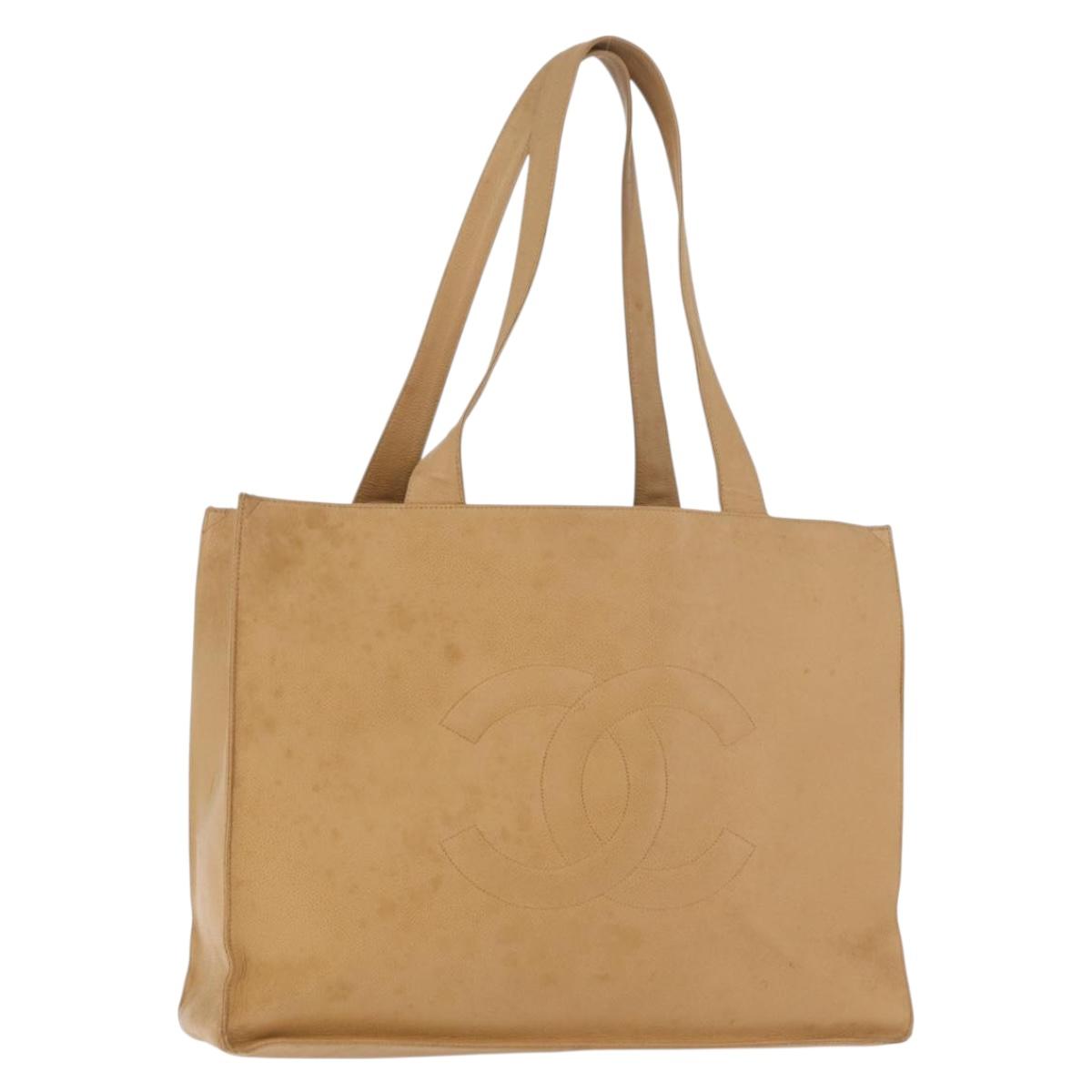 CHANEL Tote Bag Caviar Skin Beige Gold CC Auth BA12781