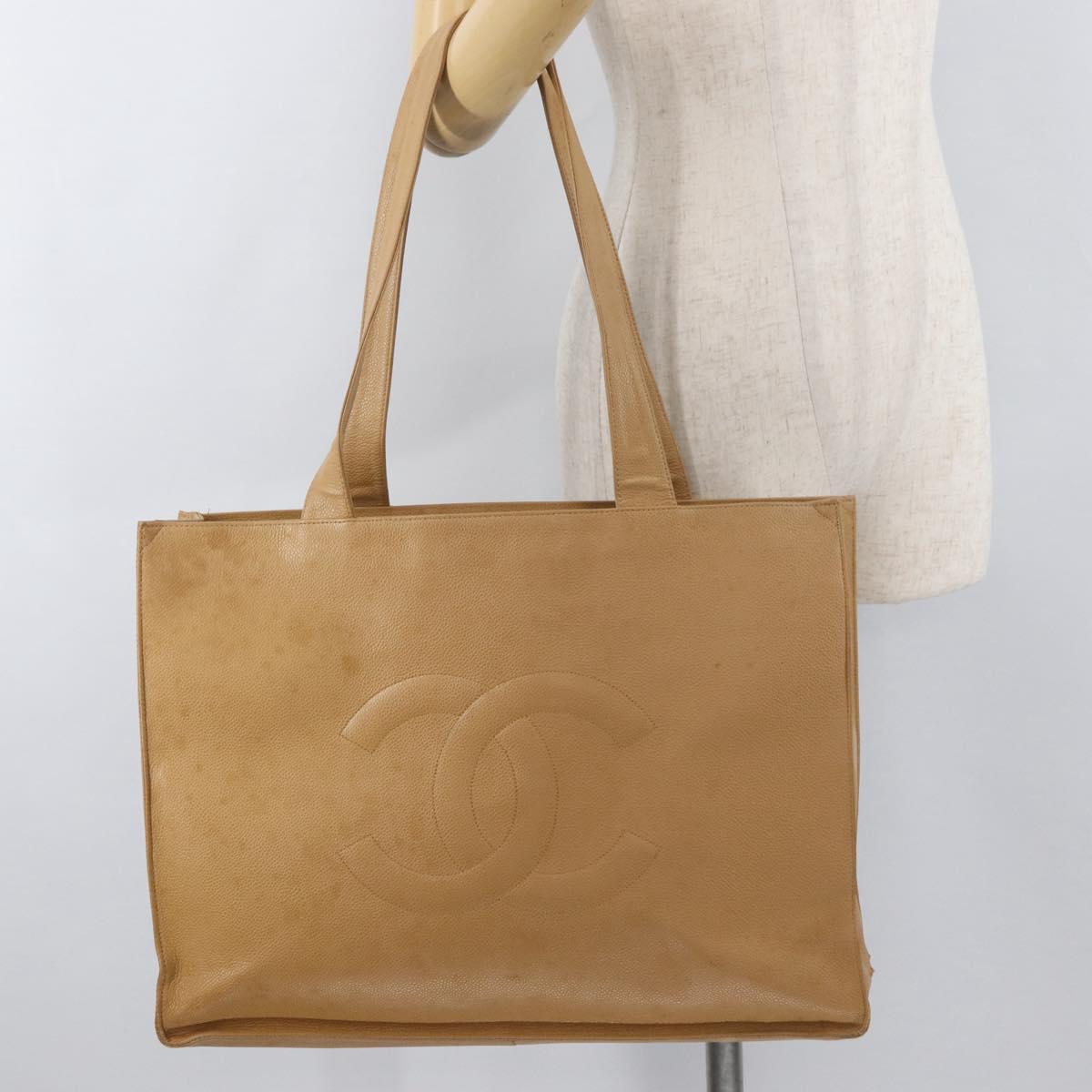 CHANEL Tote Bag Caviar Skin Beige Gold CC Auth BA12781