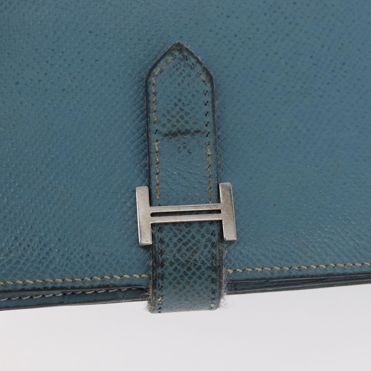 HERMES Bane Souffle Long Wallet Leather Light Blue Silver Auth BA12783