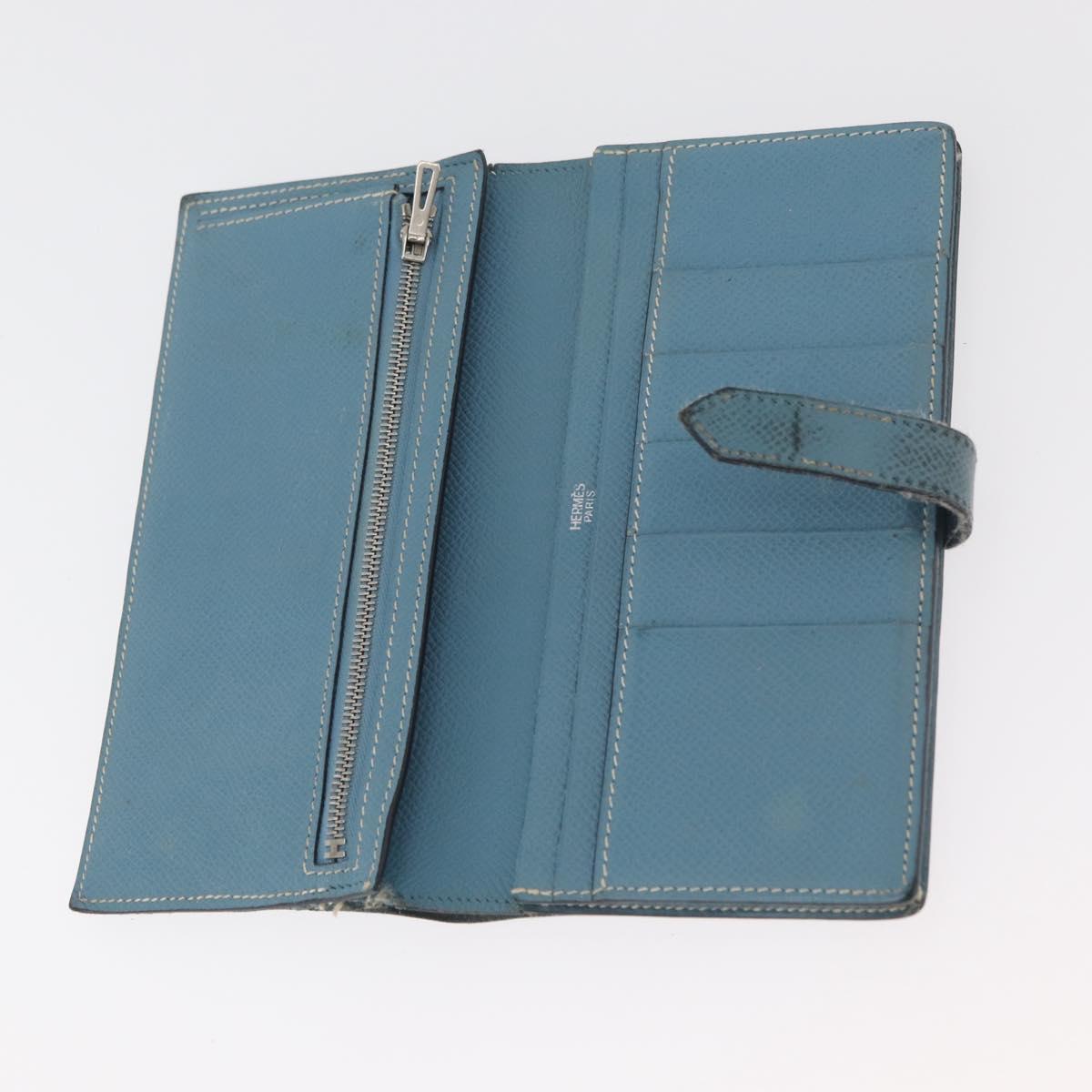 HERMES Bane Souffle Long Wallet Leather Light Blue Silver Auth BA12783