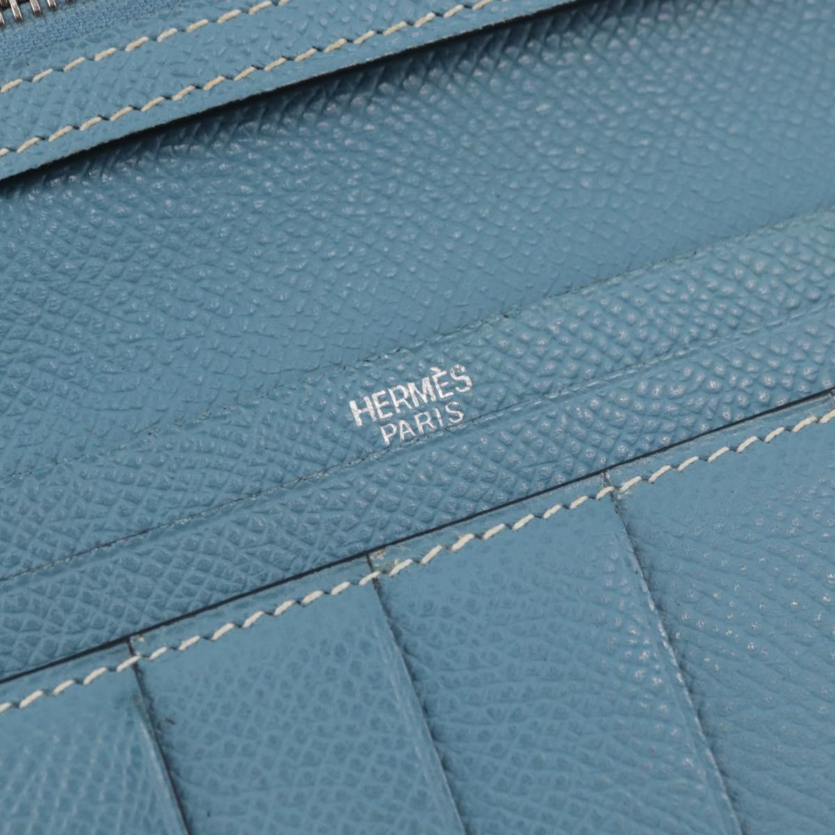 HERMES Bane Souffle Long Wallet Leather Light Blue Silver Auth BA12783