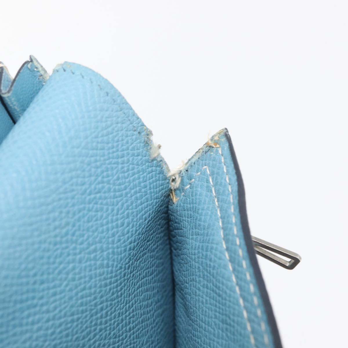 HERMES Bane Souffle Long Wallet Leather Light Blue Silver Auth BA12783