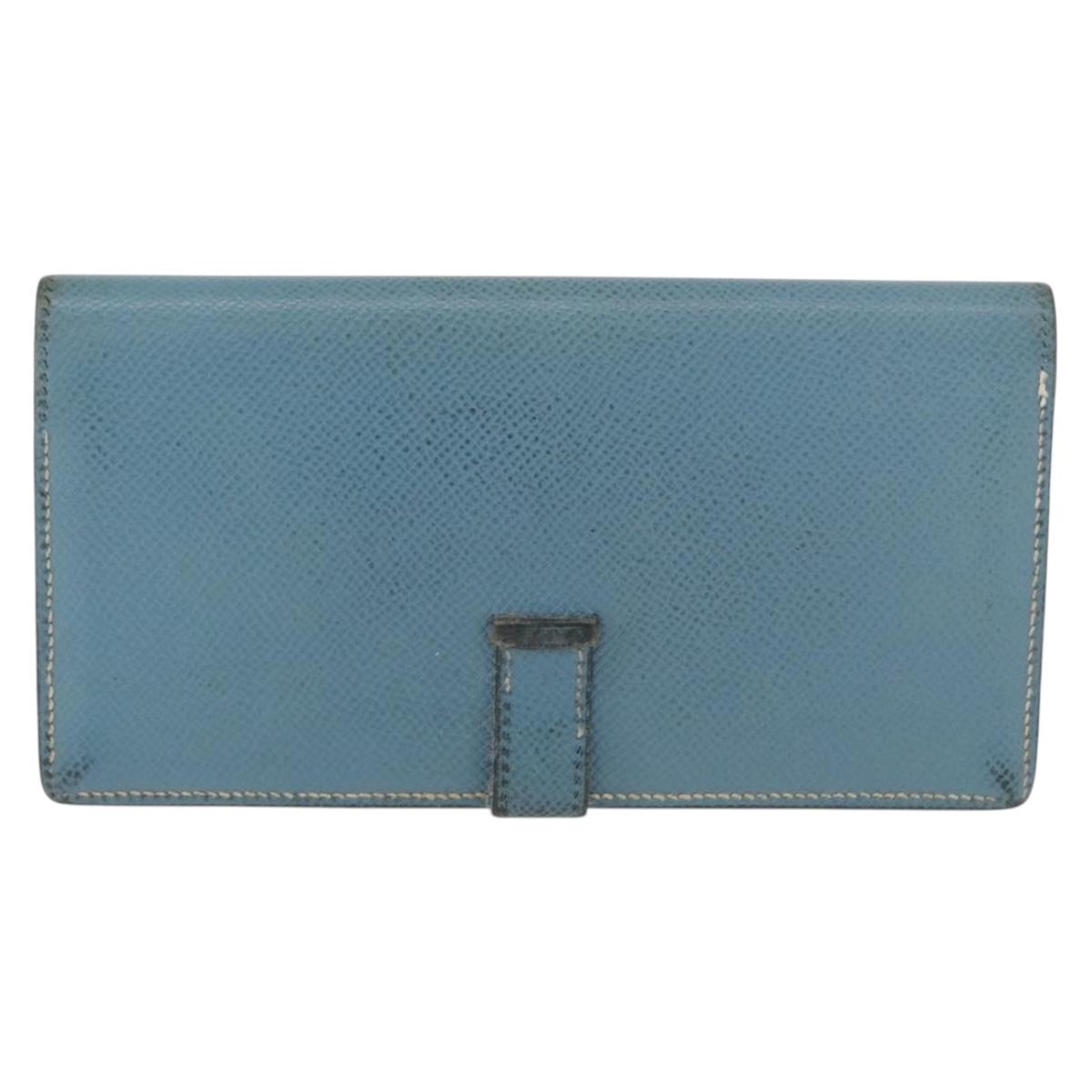 HERMES Bane Souffle Long Wallet Leather Light Blue Silver Auth BA12783