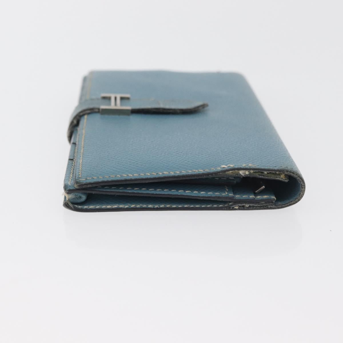 HERMES Bane Souffle Long Wallet Leather Light Blue Silver Auth BA12783