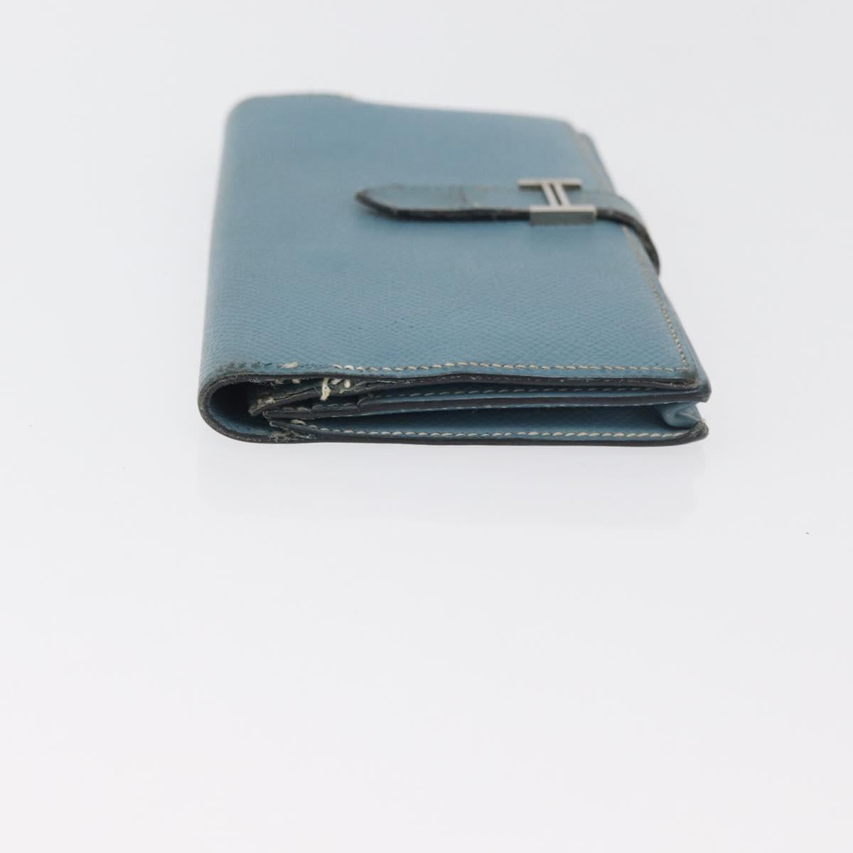 HERMES Bane Souffle Long Wallet Leather Light Blue Silver Auth BA12783