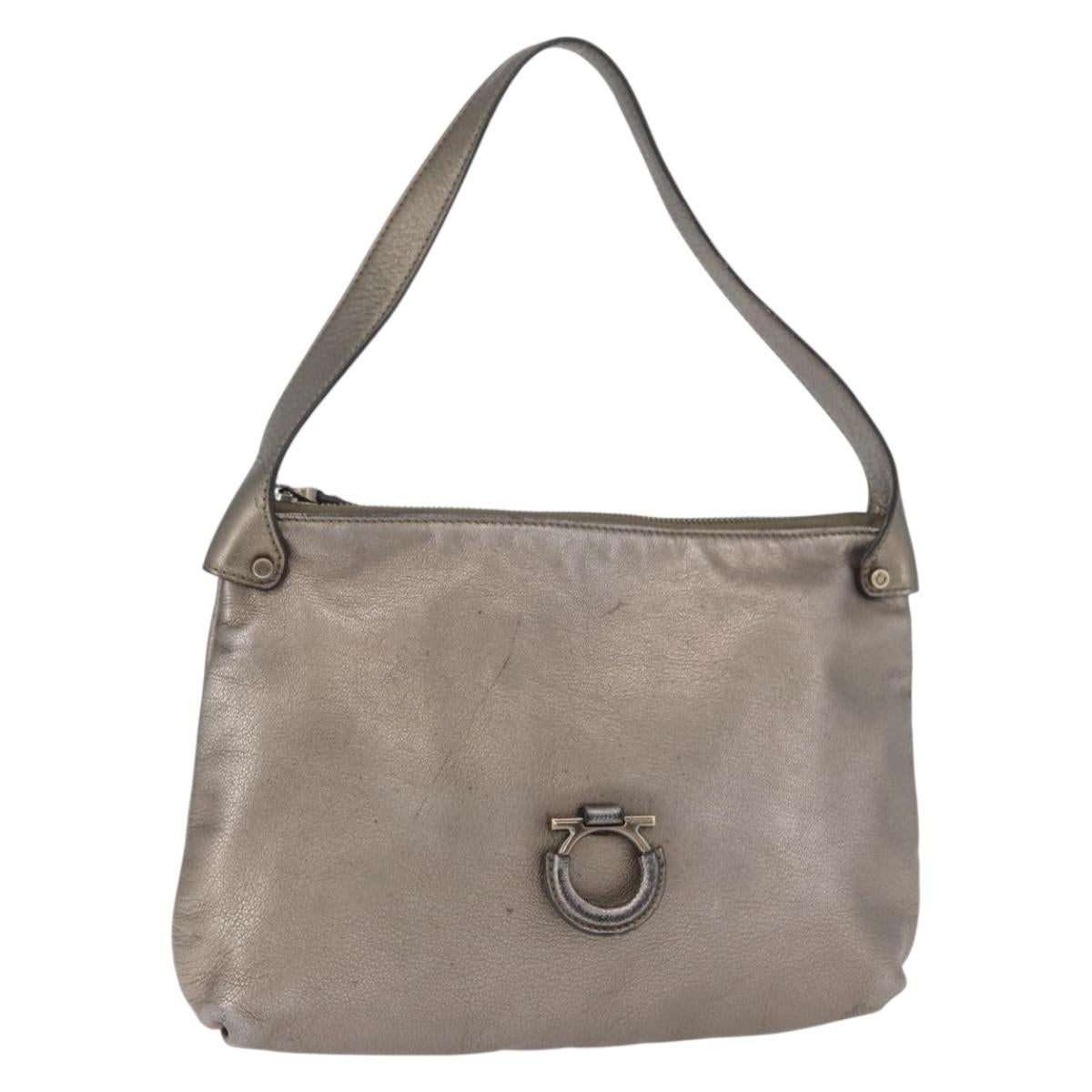 Salvatore Ferragamo Gancini Shoulder Bag Leather Silver Auth BA12795A