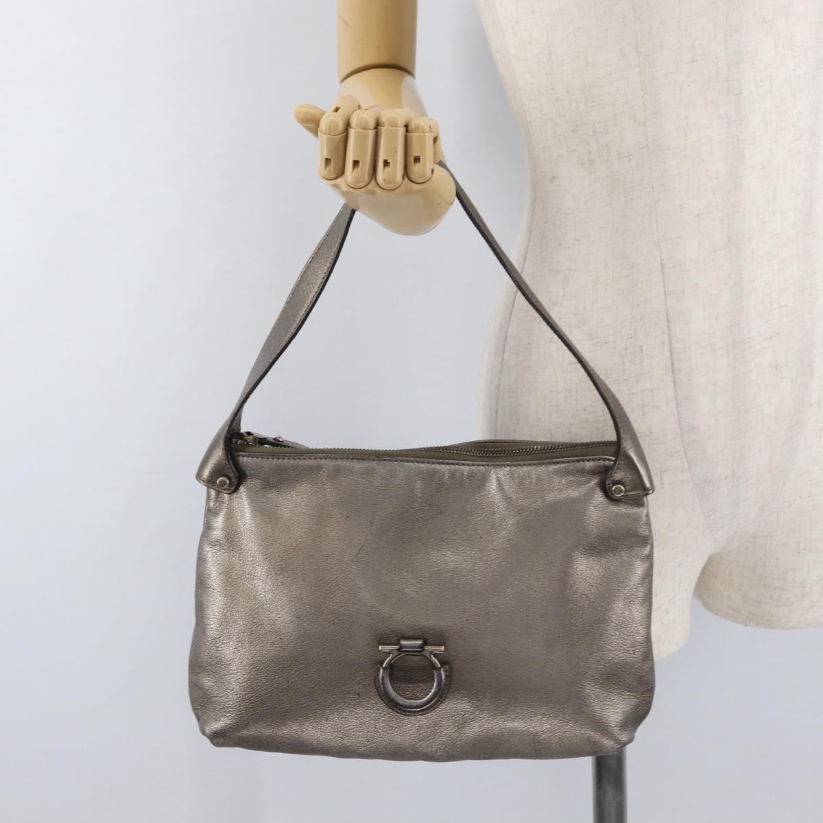 Salvatore Ferragamo Gancini Shoulder Bag Leather Silver Auth BA12795A