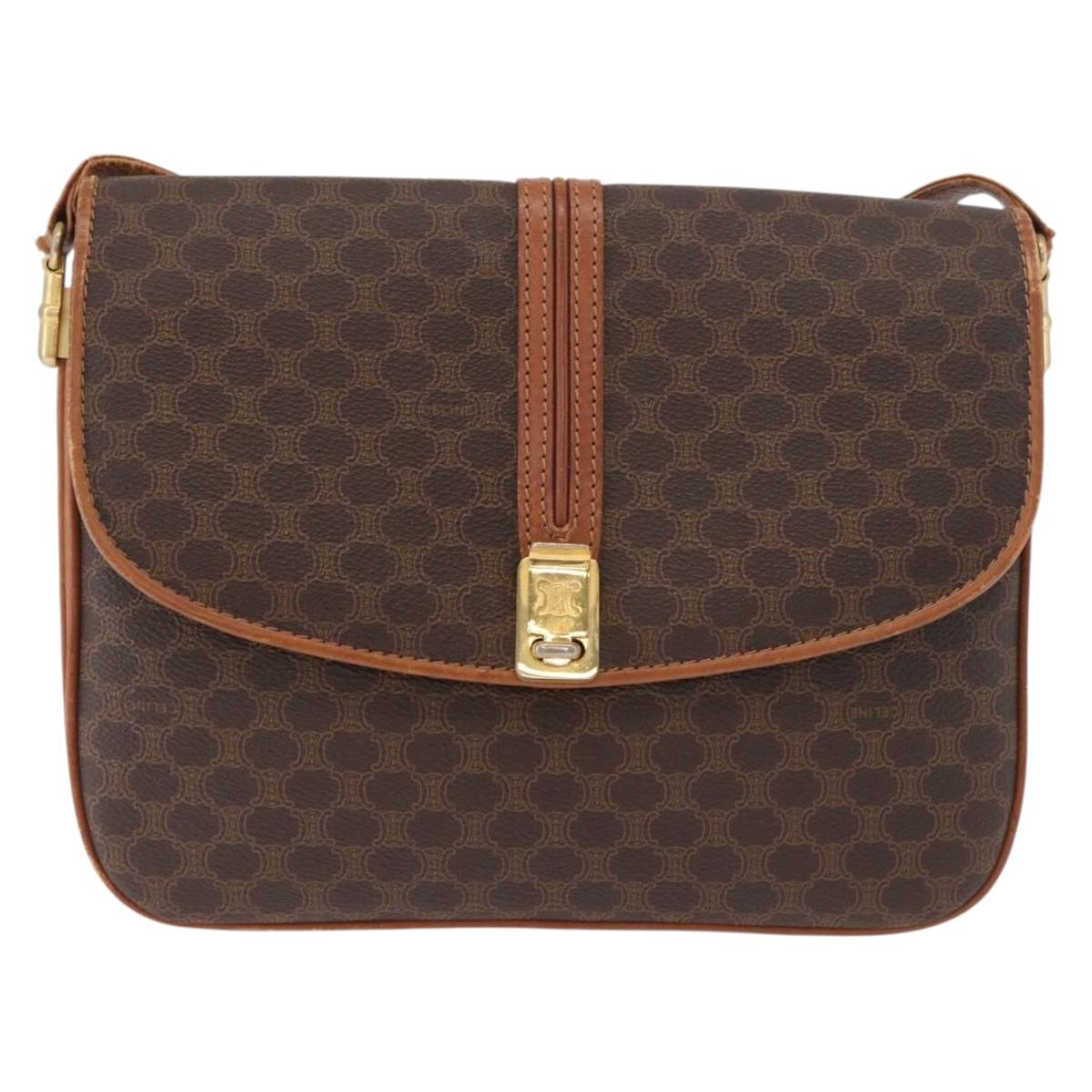 CELINE Macadam Canvas Shoulder Bag PVC Leather Brown Gold Auth BA12811